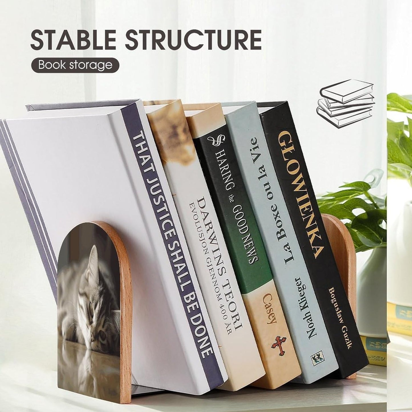 Sleeping Cat Bookends 1 Pair Heavy Duty Book Ends for Shelves Non-Skid Bookend Supports Wooden Book Holders with Metal Base Desk Organizers Books Storage to Hold Books
