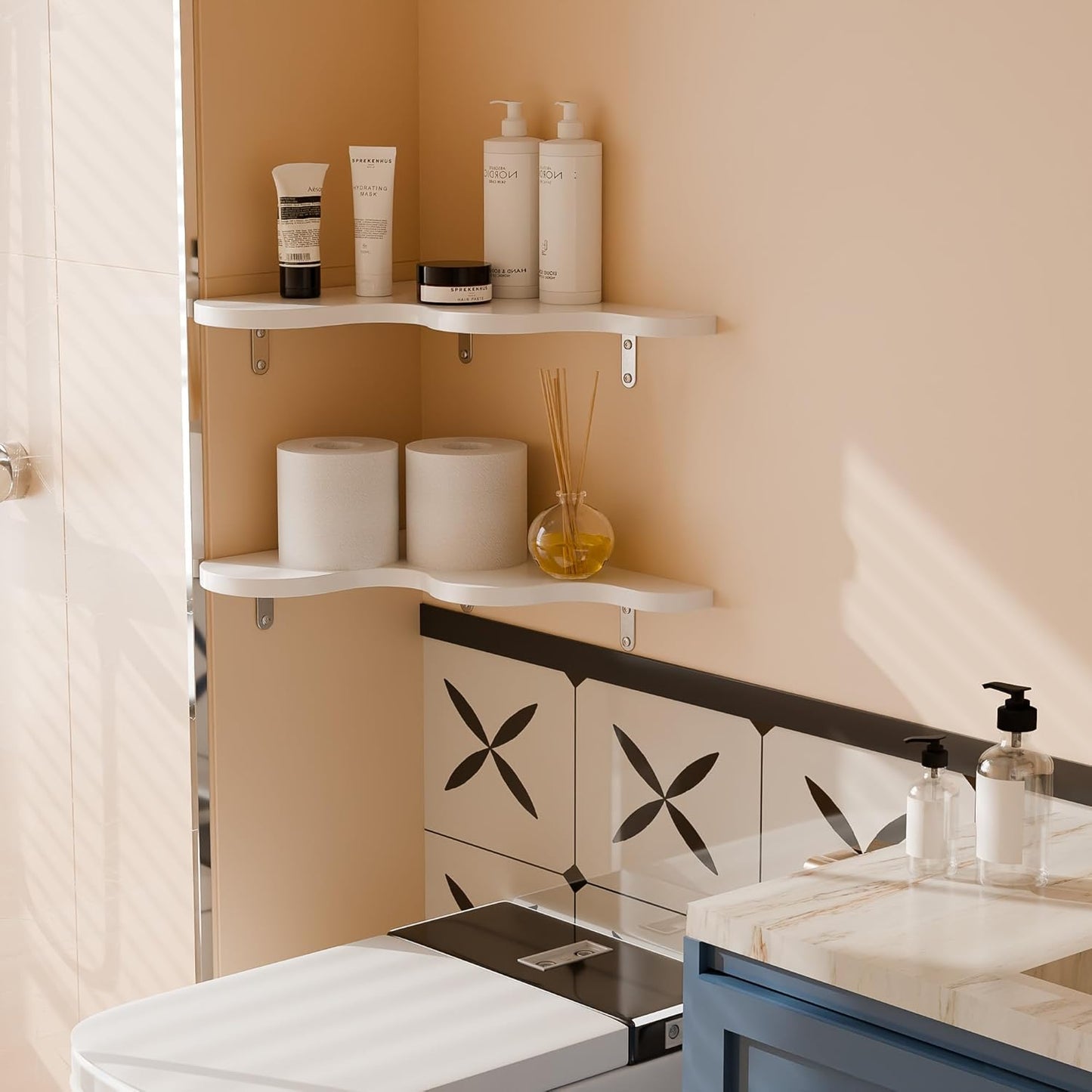 Cute Cloud Corner Shelves - Set of 2 White Wooden Floating Corner Shelves Wall Mounted, 90-Degree Space-Saving Nursery Shelves with Brackets, Kids Room Decor for Bedroom,Living Room,Bathroom
