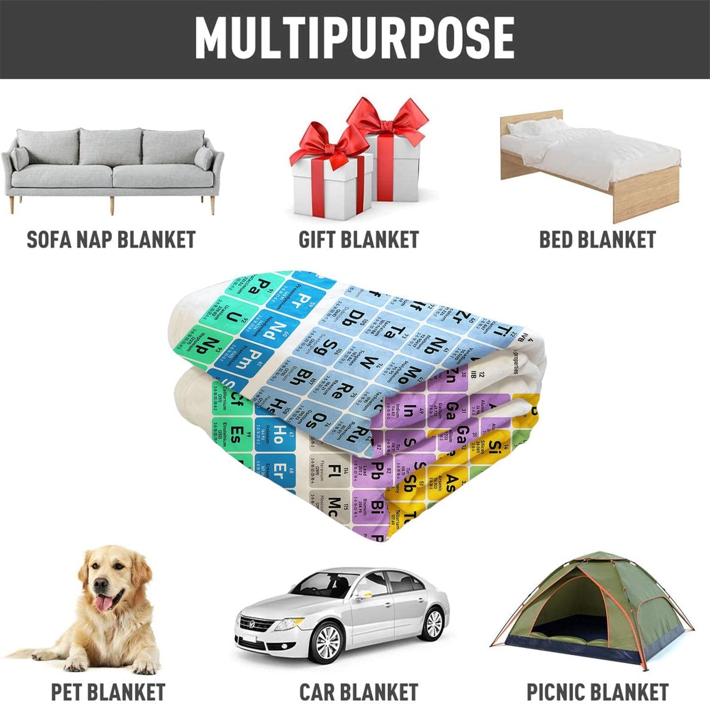 SXCHEN Periodic Table of The Elements Throw Blanket 60" x 80" Plush Blankets for Couch Sofa Bed,Soft Cozy Warm Lightweight Fuzzy Throws with Learning Chemistry Science
