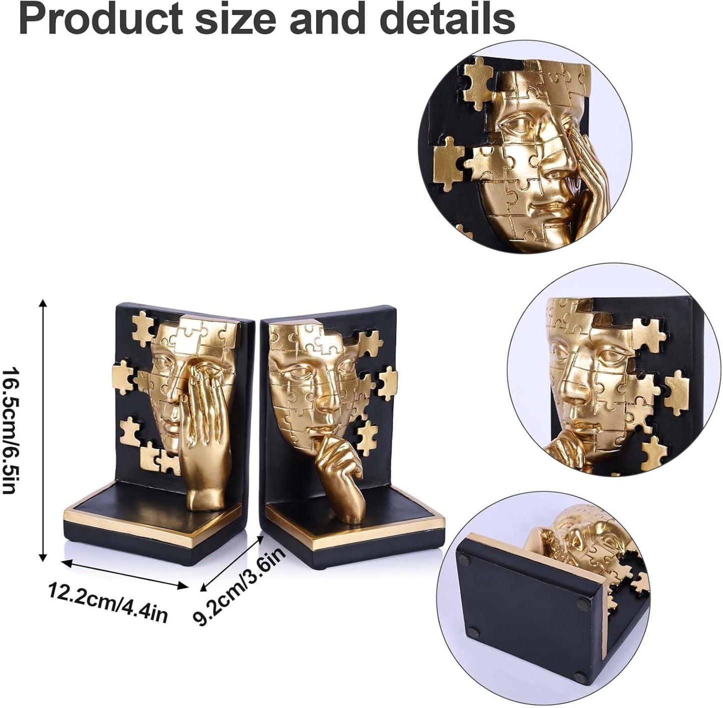 Abstract Decorative Bookends, Thinking Man Statue for Shelves, Heavy Bookends for Large Books, Handcrafted Resin Art for Home and Office Decor, Aesthetic Desk Organizer for Bookshelves (Black Gold)