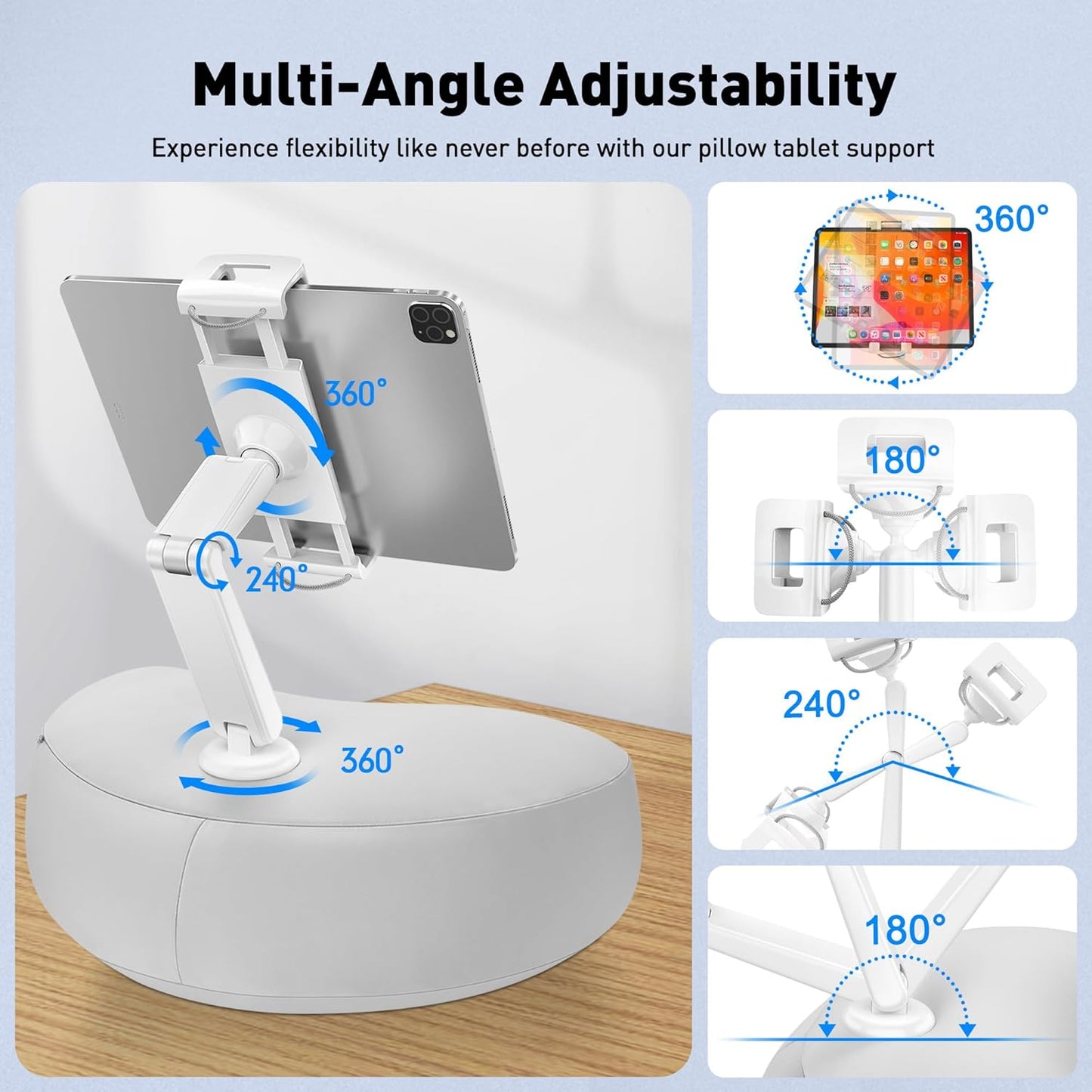 AboveTEK Tablet Pillow Stand for Bed, Hands-Free 360° Adjustable iPad Pillow Holder for Lap Reading w/Soft Bean Bag, Ideal Gift for Mom, Fits 4.7" to 12.9" Tablet, Phone, Kindle - Gray