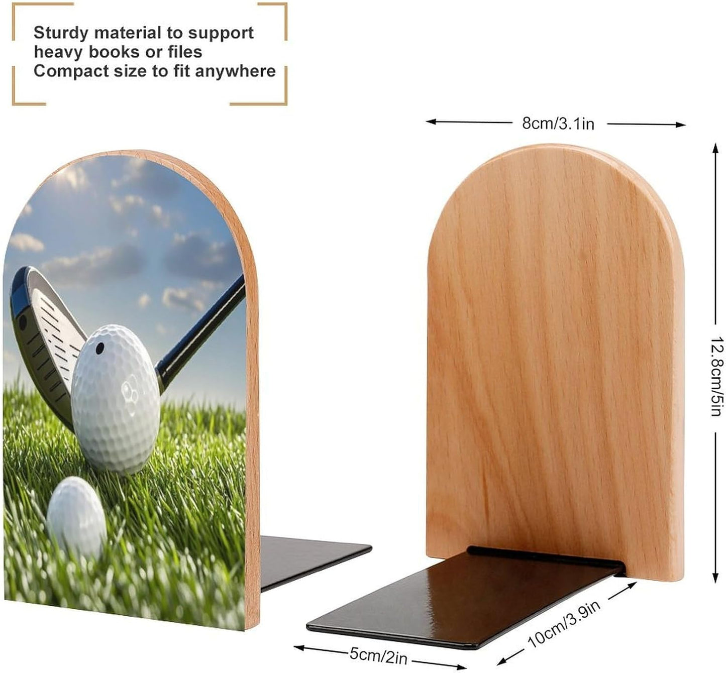 Golf Ball Bookends 1 Pair Heavy Duty Book Ends for Shelves Non-Skid Bookend Supports Wooden Book Holders with Metal Base Desk Organizers Books Storage to Hold Books