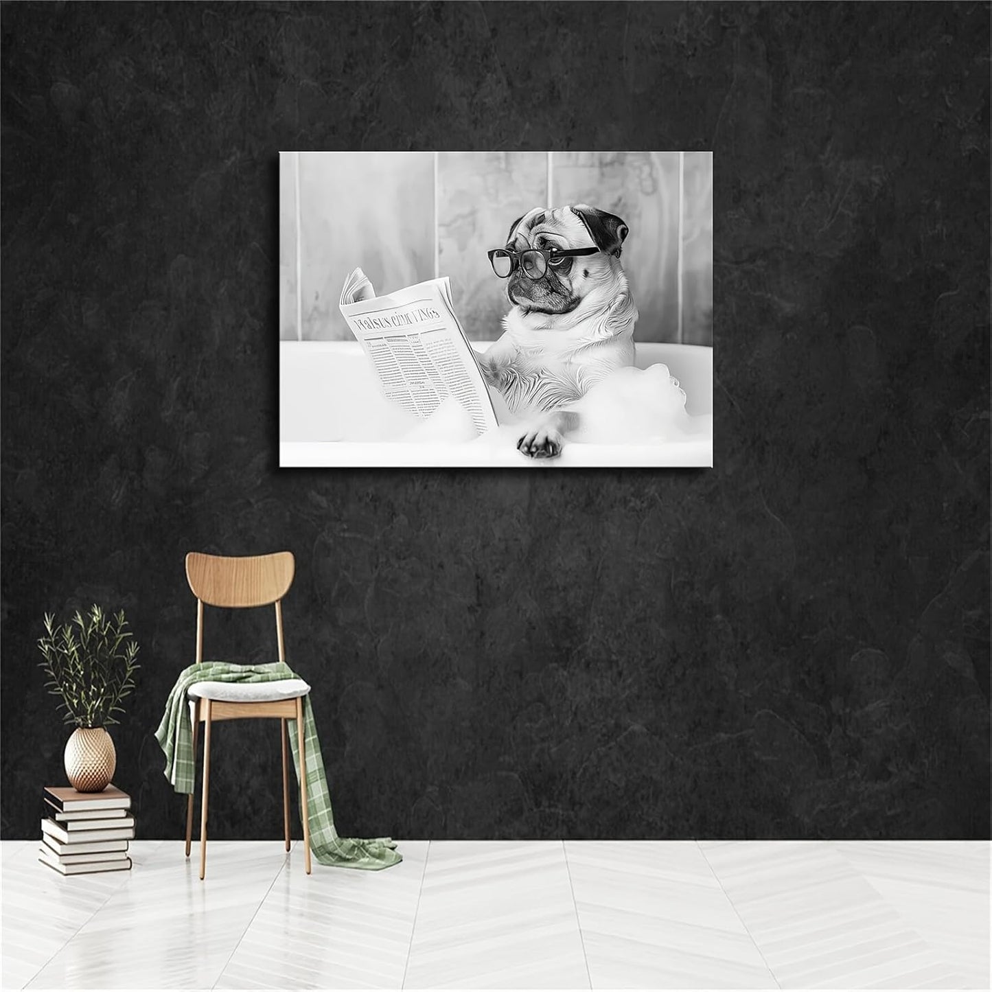 Pug in Bathtub Wall Art, Dog Reading Newspaper in Bubble Bath Poster, Black and White Print, Funny Wall Art, Bathroom Wall Decor (12x18inch Framed)