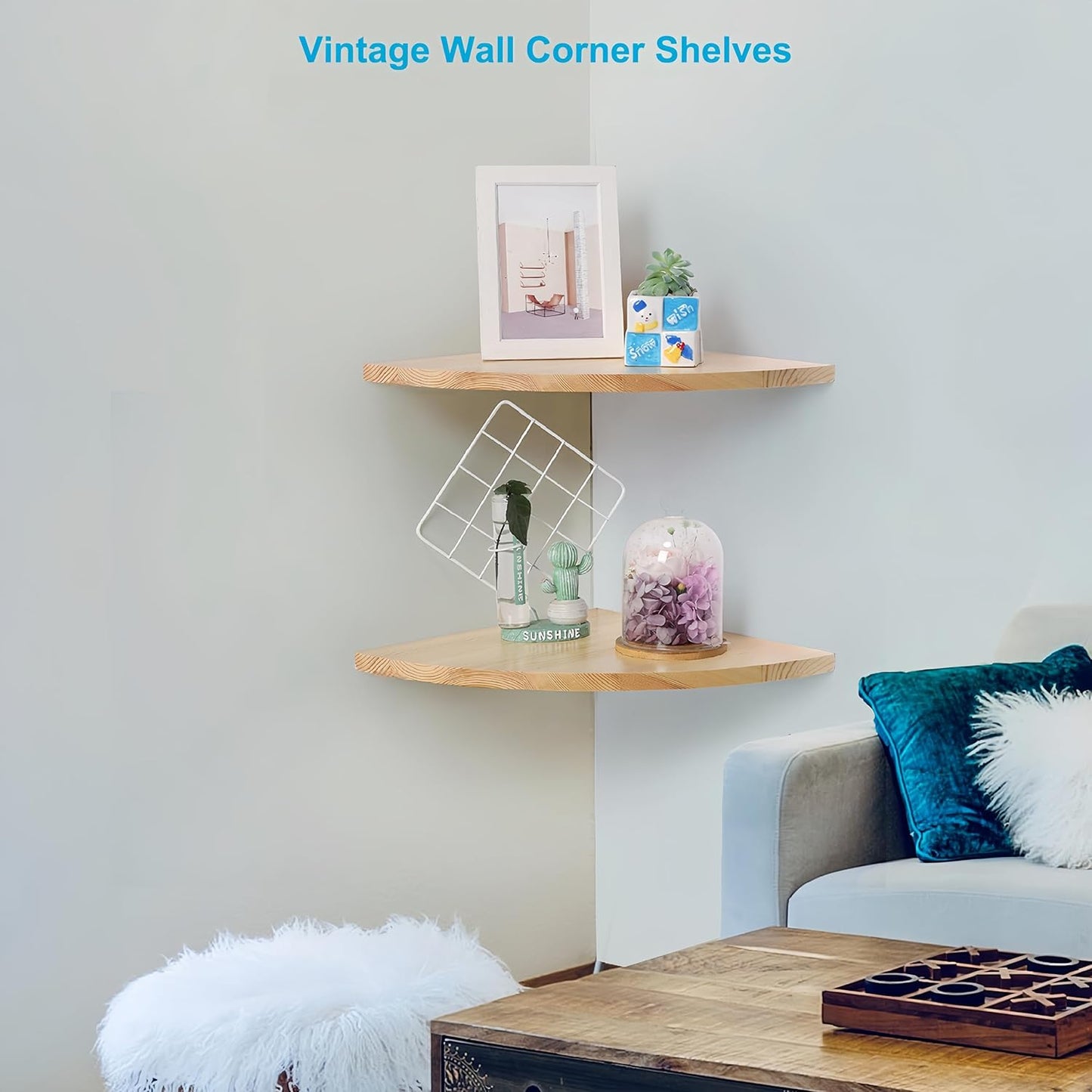 Waterproof Natural Wood Corner Wall Shelves Set of 2, Rustic Wood Corner Floating Shelves with Cable Raceway for Bathroom Kitchen Study Bedroom (10 Inch, Fan-Shaped)