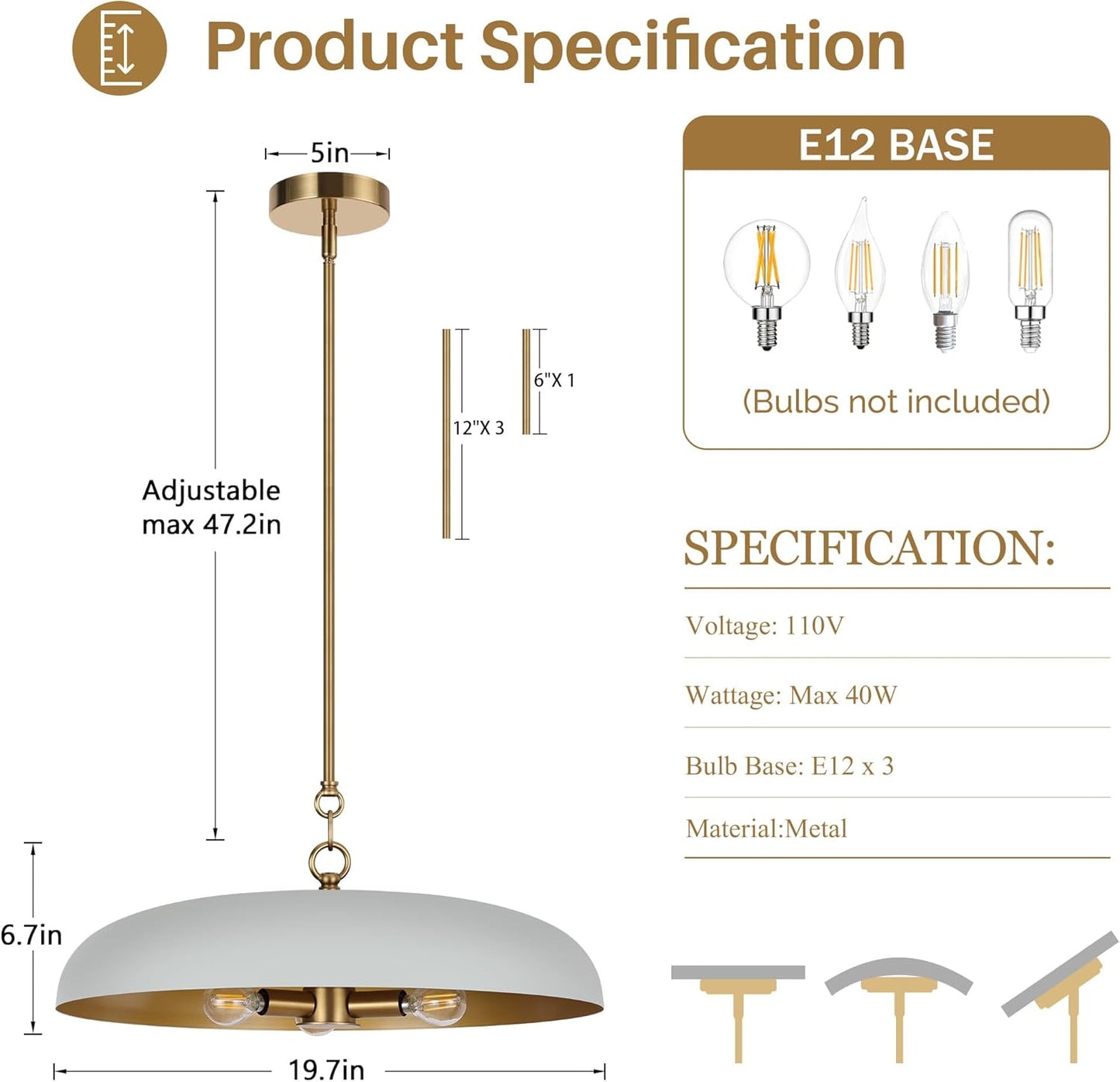 LamQee 20 Inch Oversized Large Pendant Lights, 3-Lights Gray and Gold Modern Dome Chandelier, Nordic Metal Pendant Lighting Fixture Ceiling Hanging for Kitchen Island, Dining Room Over Table, Bar