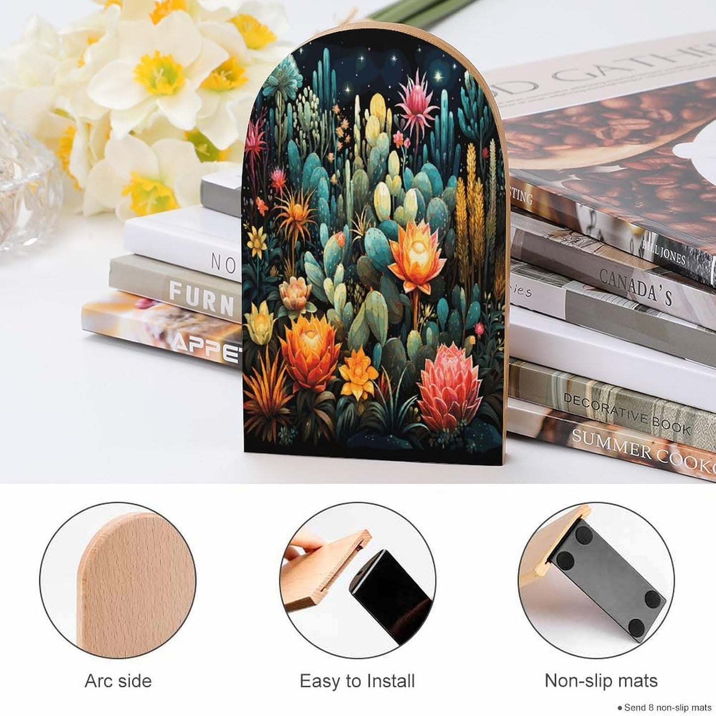 Colorful Cactus Pattern Bookends 1 Pair Heavy Duty Book Ends for Shelves Non-Skid Bookend Supports Wooden Book Holders with Metal Base Desk Organizers Books Storage to Hold Books