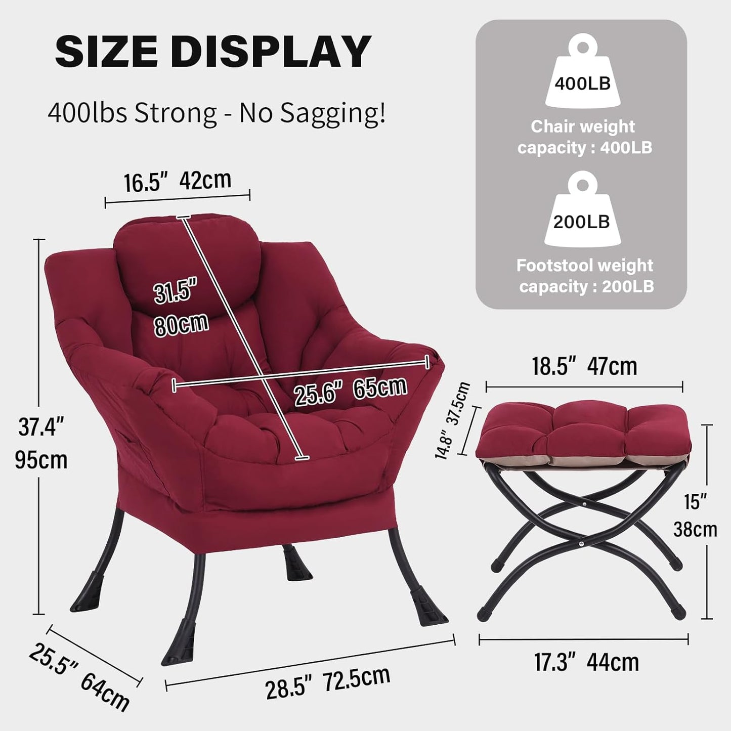Tiita Lazy Chair with Ottoman, Red Modern Large Accent Chair, Comfy Leisure Sofa Armchair with Ottoman, Reading Chair with Footrest for Bedroom, Living Room, Dorm Rooms, Wine red