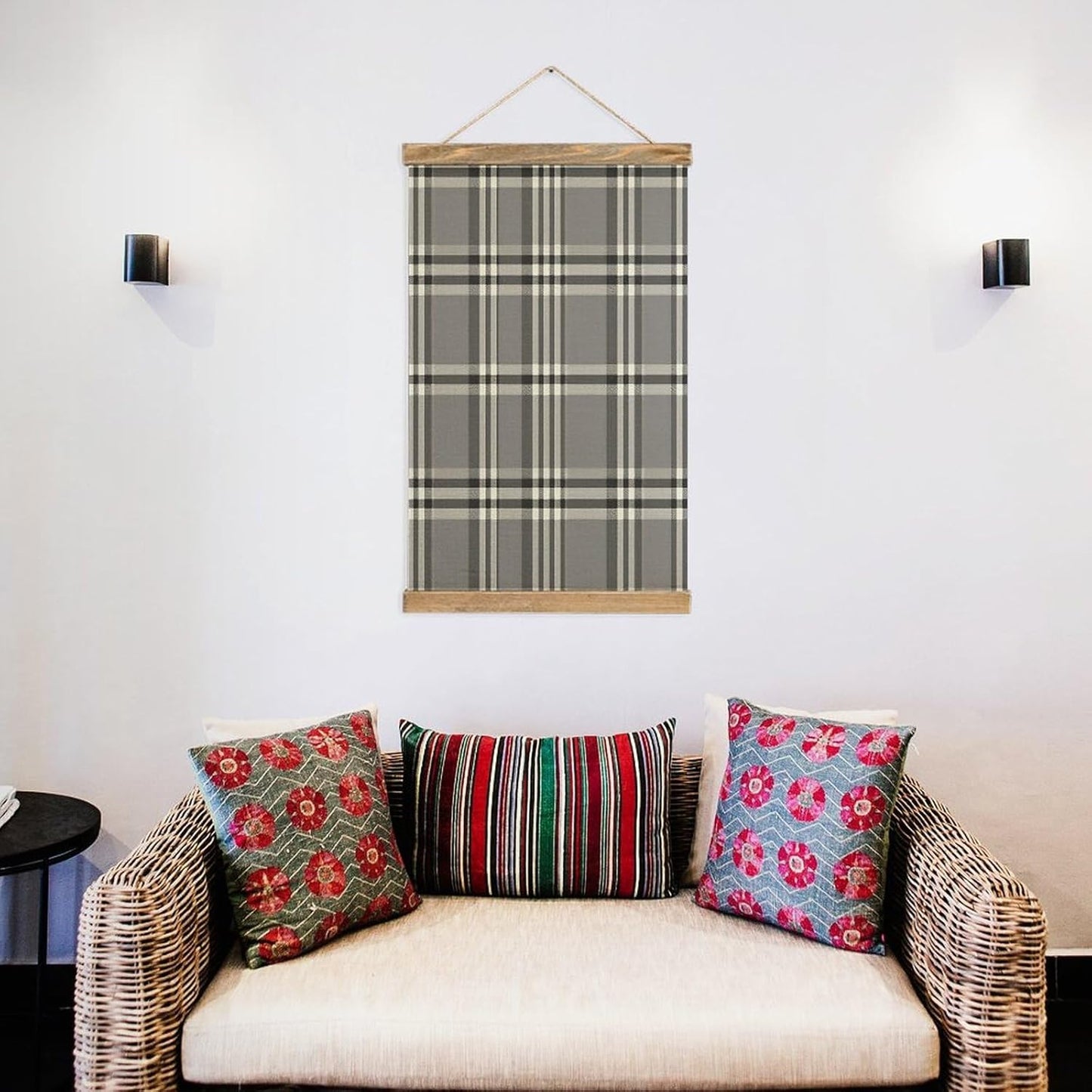 Vintage Gray Plaid Lines Poster with Wooden Frame Personalized Linen Hanging Scroll Painting Rustic Wall Hanging Illustrative Modern Artwork Decor for Home Living Room Bedroom Office