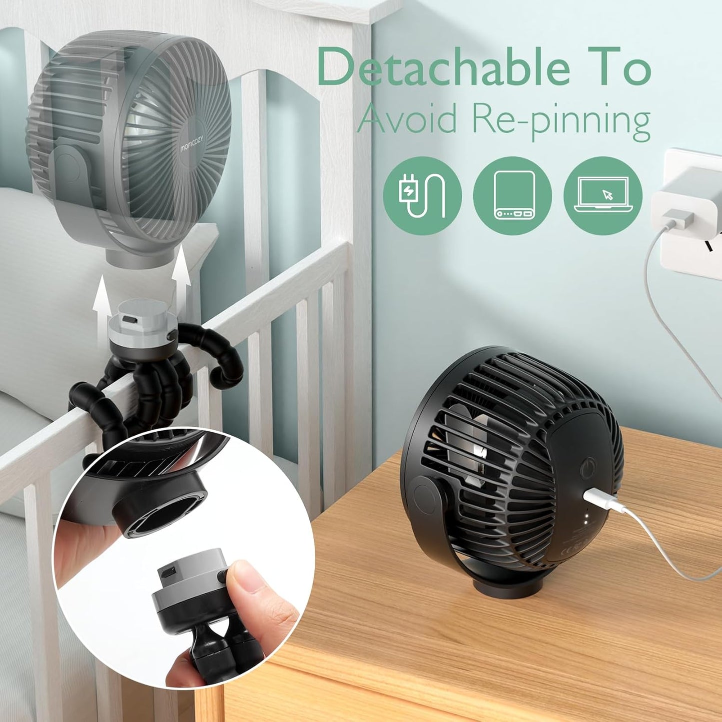 Momcozy 8000mAh Portable Stroller Fan | 27H Ultra-long Battery Life | Detachable 4 Speed 360°Rotate | 2 Modes LED Night Light, USB Rechargeable Handheld Cooling Fan for Travel, Car Seat, Bedroom