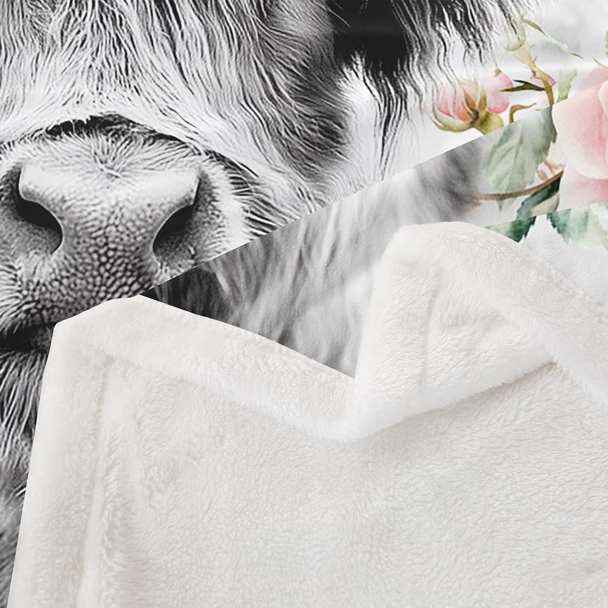 Erosebridal Highland Cow Flower Flannel Blanket Bull Cattle Sherpa Blanket Western Cowboy Funny Animal Throw Blanket Wildlife Farmhouse Cow Bed Blanket Rose Grey Marble Plush Blanket Throw 50"x60"