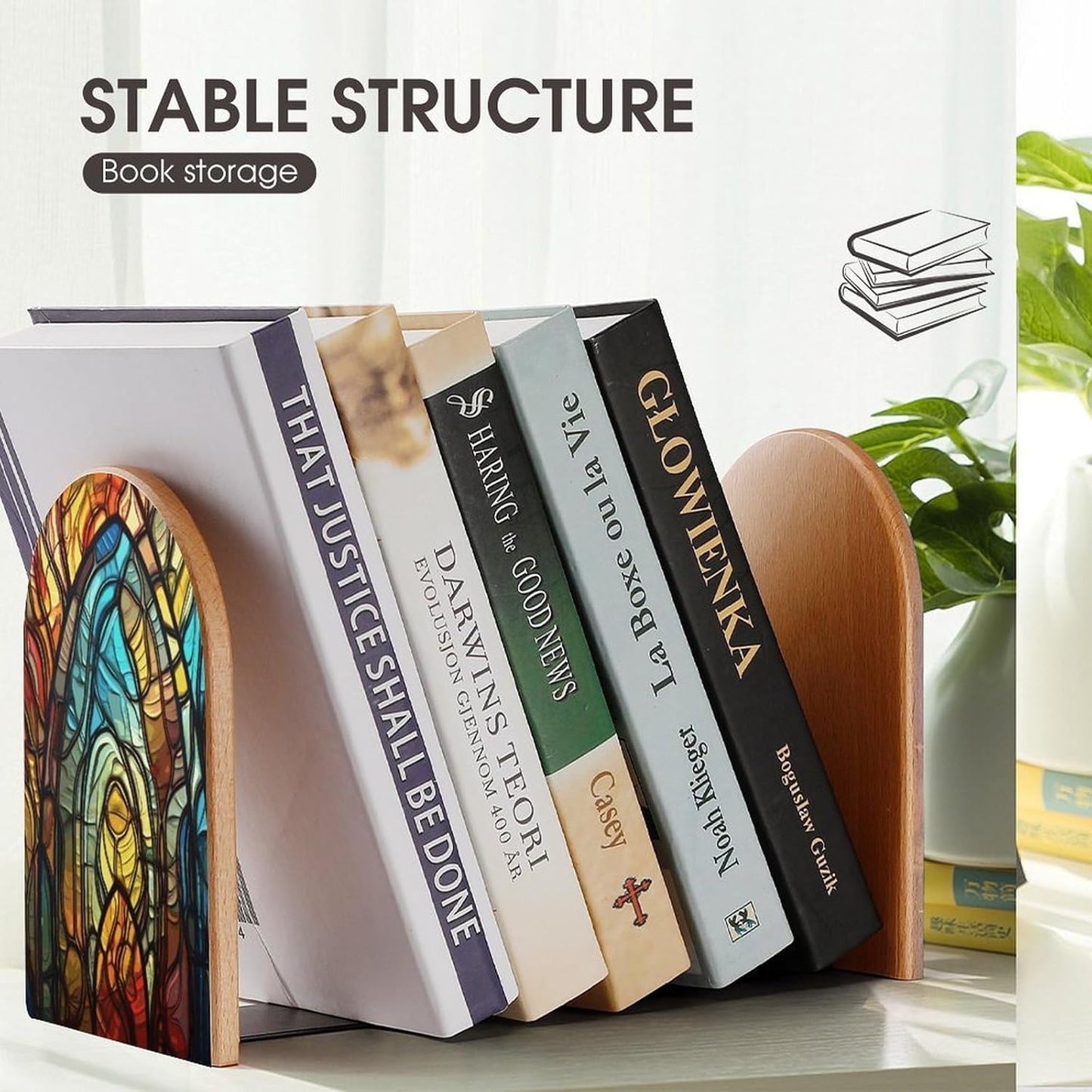 Stained Glass Art Bookend for Shelves Wooden Book End Large Size Sturdy Book Holders Stoppers with Metal Base for Bookshelves Slick Decorative Bookends Stands