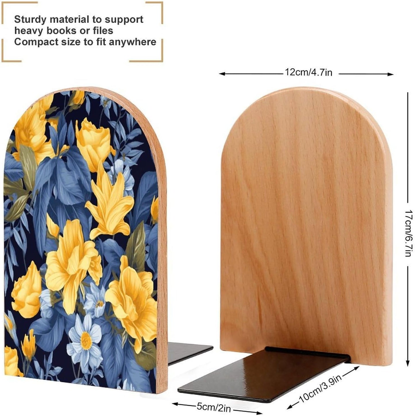 Blue Base Yellow Floral Bookend for Shelves Wooden Book End Large Size Sturdy Book Holders Stoppers with Metal Base for Bookshelves Slick Decorative Bookends Stands