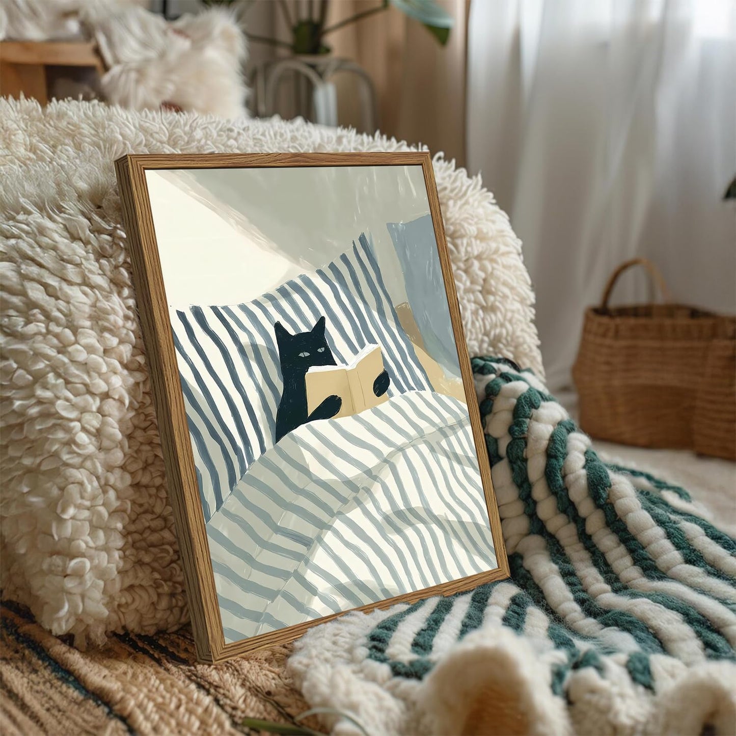 Funny Black Cat Wall Art Painting, Whimsical Cat in Stripe Bed Reading Wall Decor, Cute Animal Book Lover Blue and White Poster Canvas Prints for Bedroom Living Room 16x24 inch Wood Framed