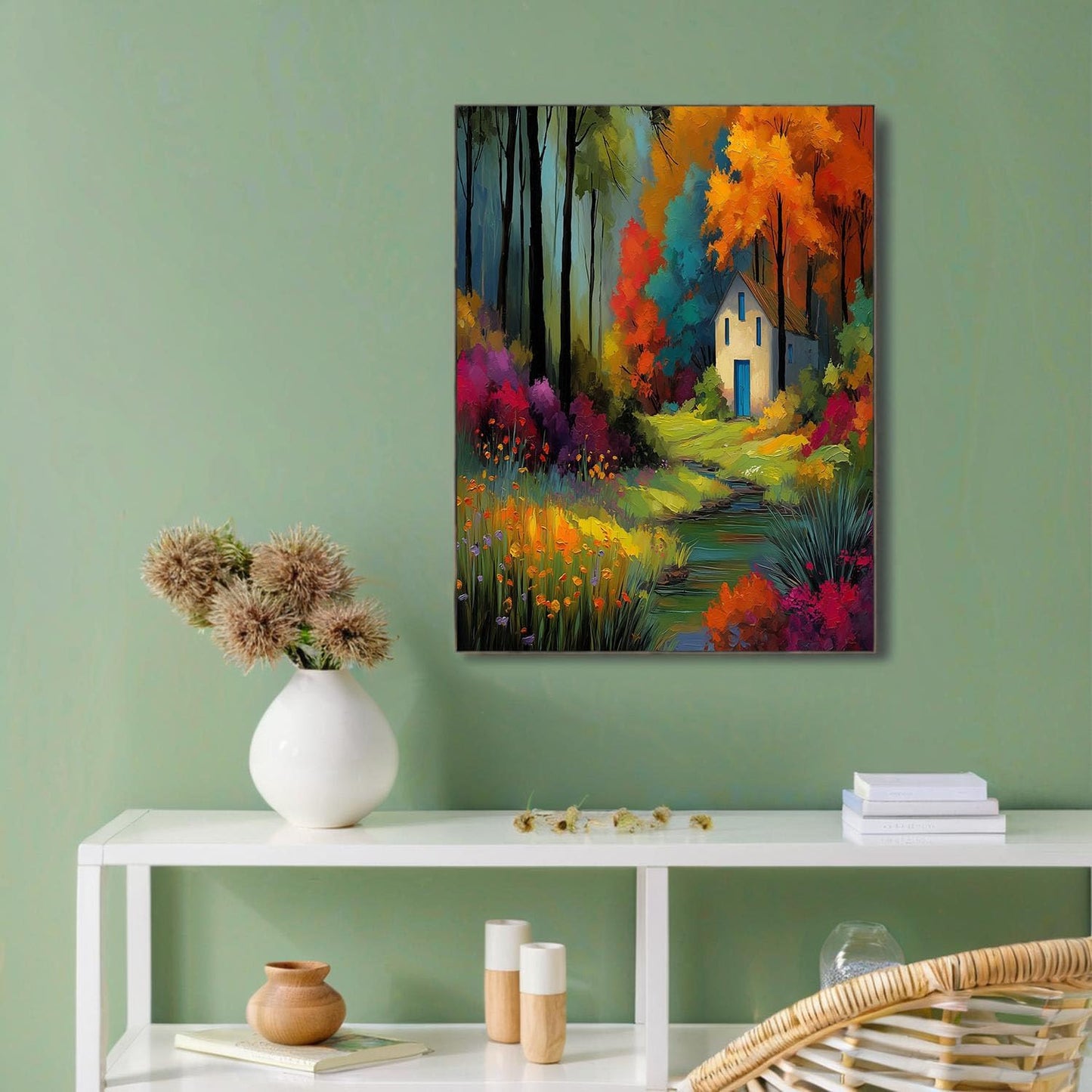 GDJSMIN Impressionist Style Wall Art, Forest House Scene Poster for Reading Room Living Room Decor 16x 24 inch Unframed