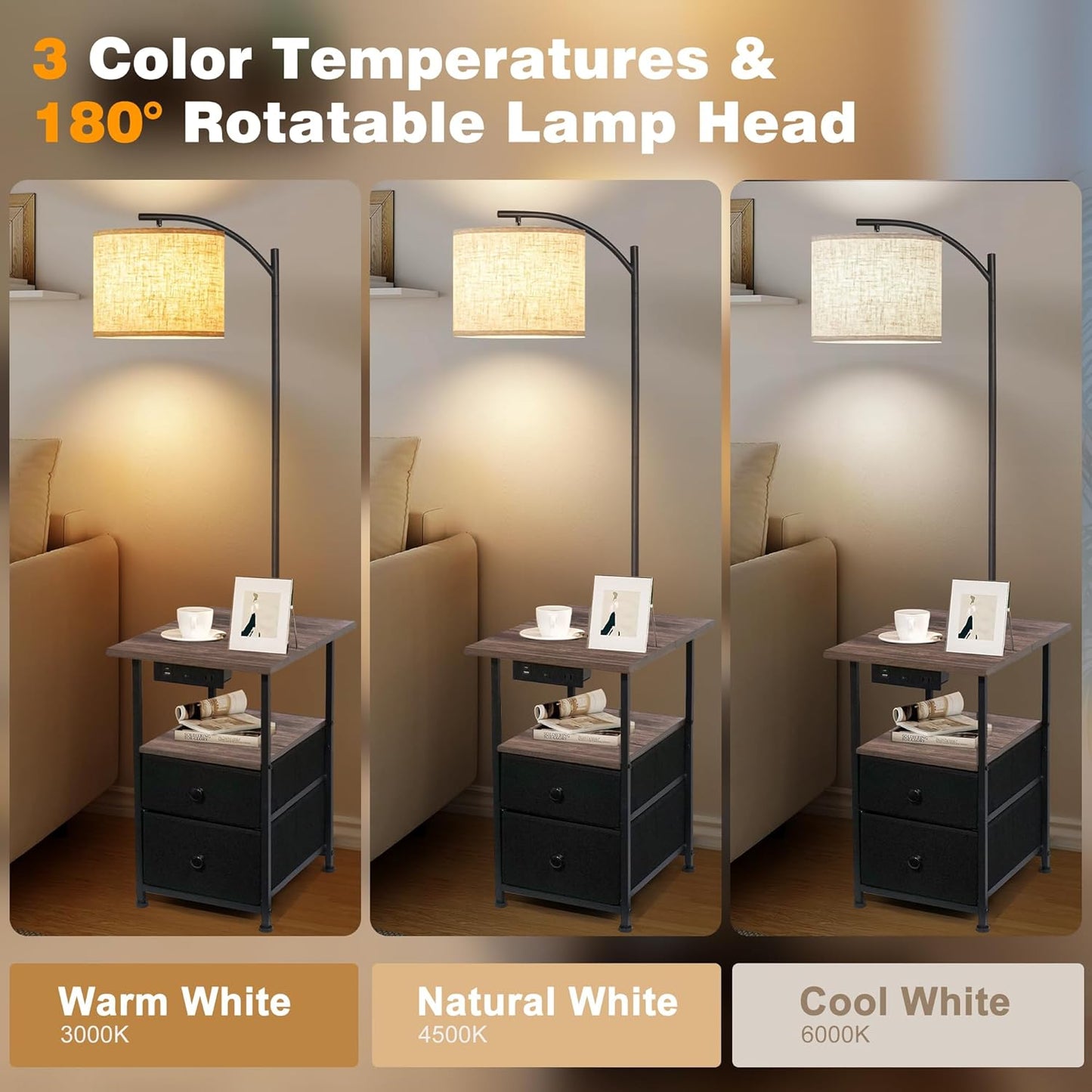 PESRAE Floor Lamp with Table & 2 Drawers, End Table with 3 Color Temperature Reading Light, Side Table Lamp with USB & Type C & AC Charging Port for Bedoom, Home Office