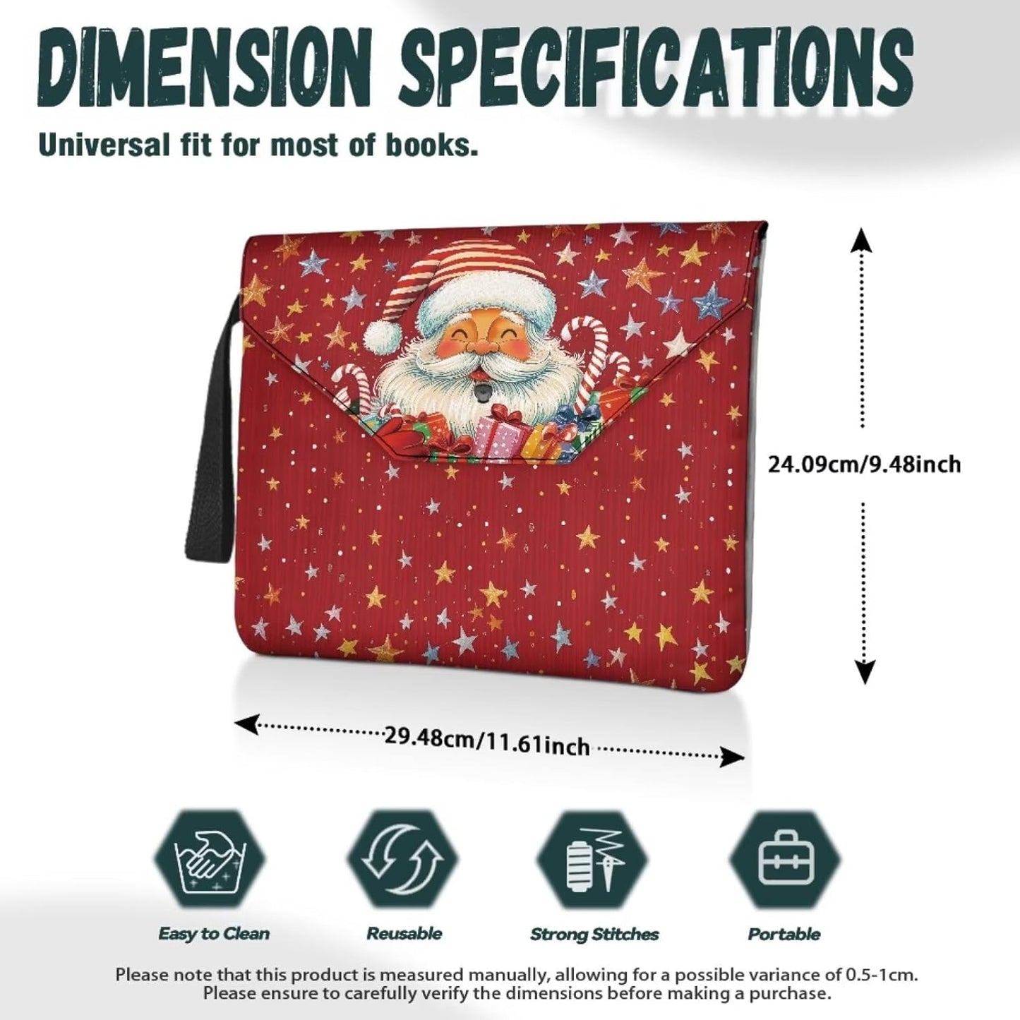 chaqlin Large Book Protector Sleeve for Book Lovers Gifts Happy Christmas Santa Claus Washable Bookcover Pouch with Button and Handle Strap for Women Bookish Bookworm Library Reading Club