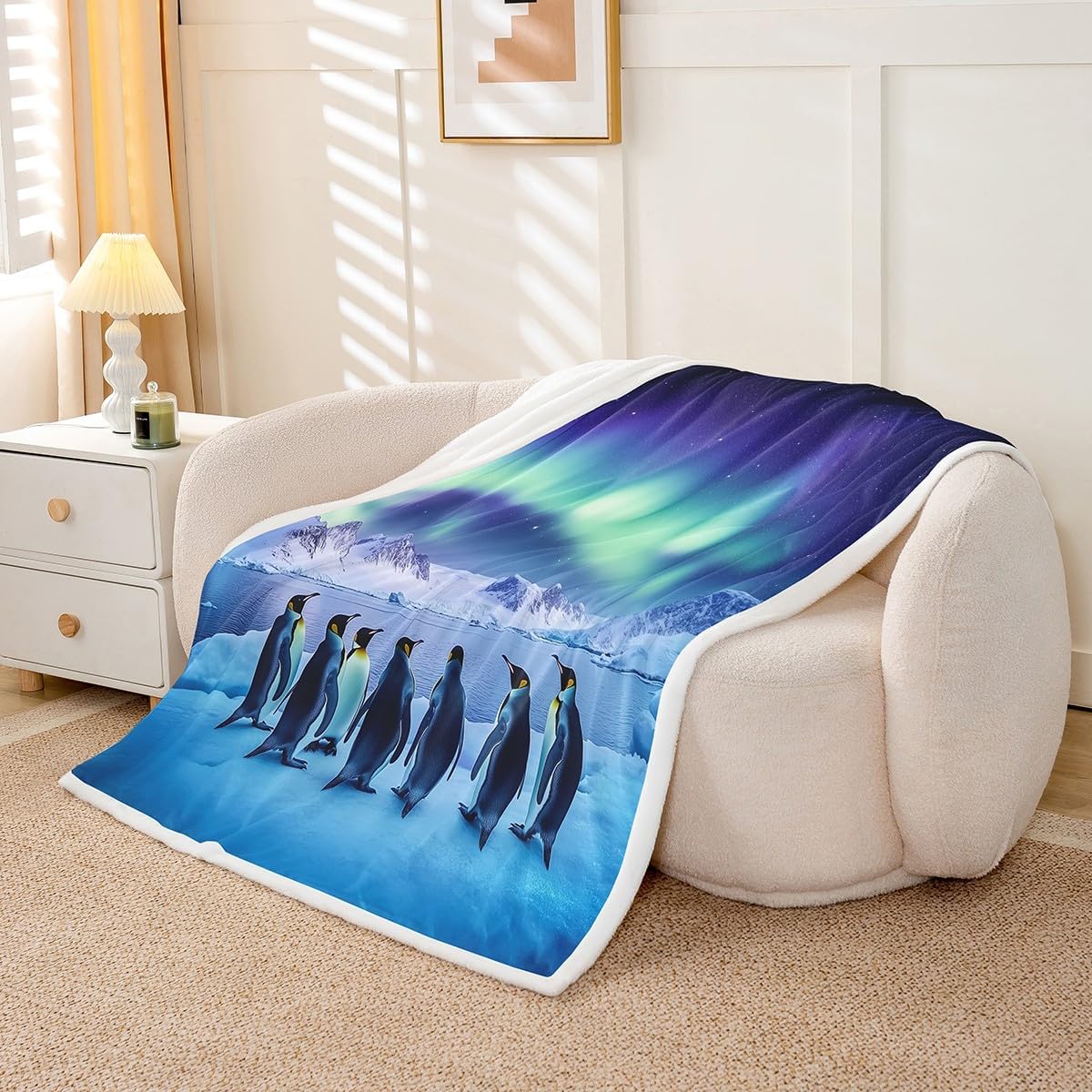 Feelyou Penguins Fleece Throw Blanket Twin 60"x80" Aurora Plush Blanket Cartoon Penguin Sherpa Blanket Ocean Blue Fuzzy Blanket Room Decor Small Animall Flannal Blanket