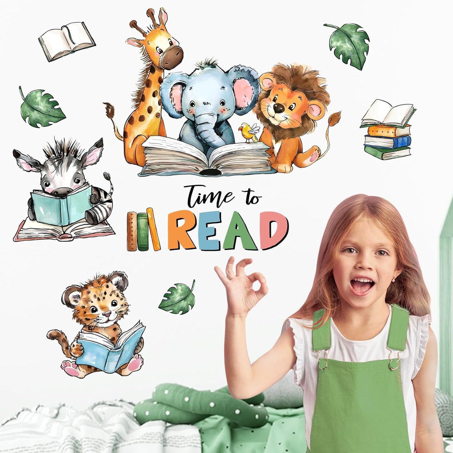 Mfault Time to Read Animal Book Wall Decals Stickers, Educational Elephant Lion Giraffe Nursery Decorations Classroom Bedroom Art, Zebra Leopard Plant Neutral Toddler Kids Reading Corner School Decor
