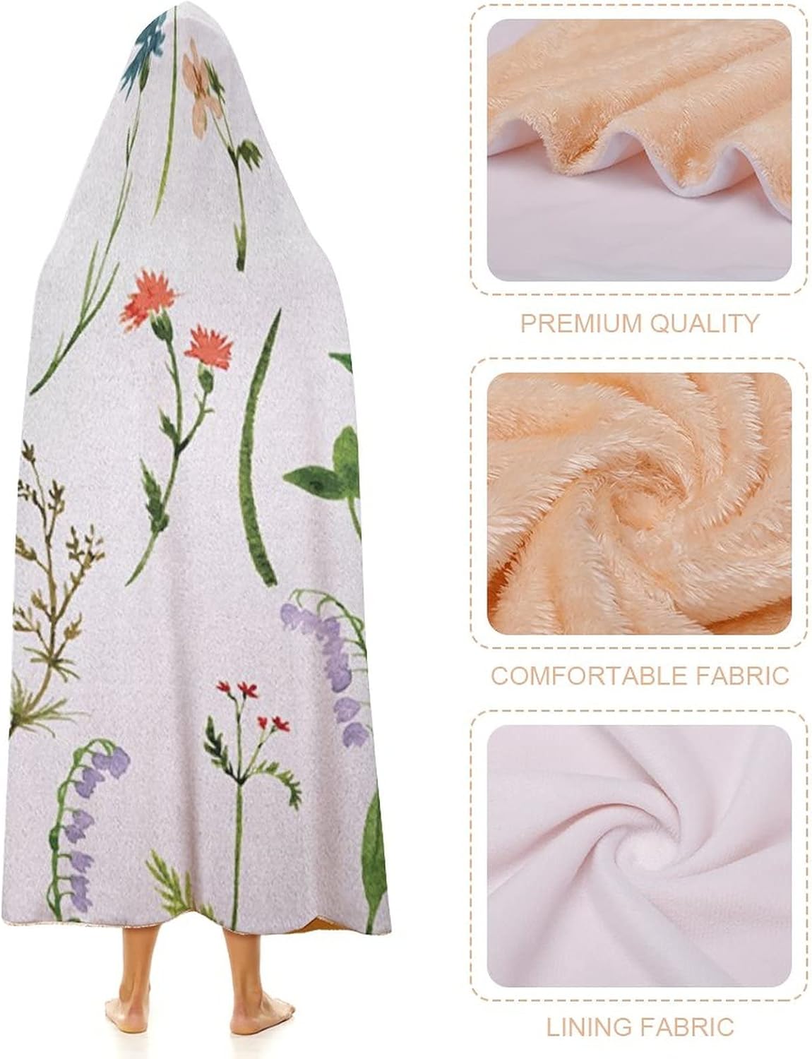 Throw Blankets, Watercolor Flower Women Men Hooded Blanket, Different Kinds of Flowers with Herbs Weeds Plants, Soft Warm Cozy, 40 x 50inches, Studying Reading Snuggling Napping Office, Multicolor