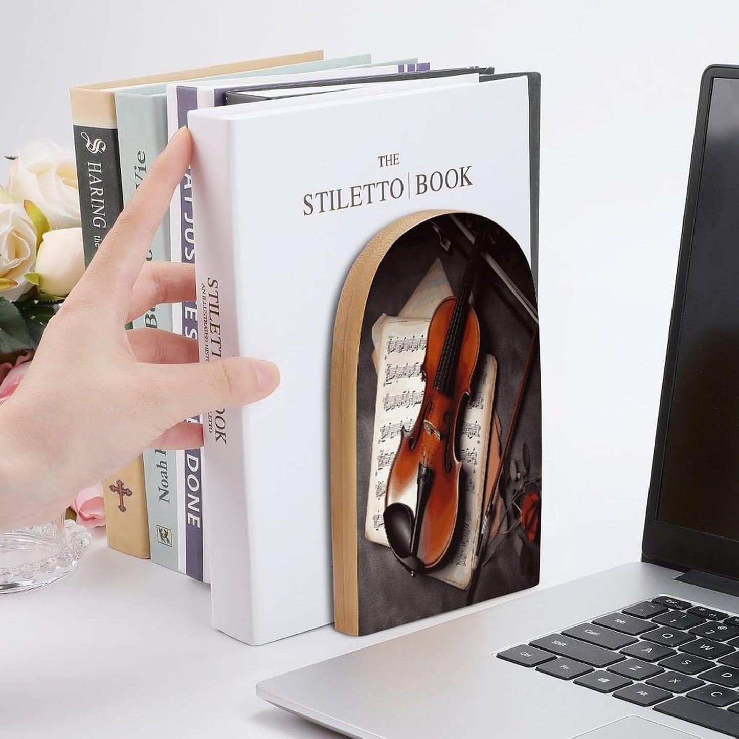Violin Sheet Music Bookend for Shelves Wooden Book End Large Size Sturdy Book Holders Stoppers with Metal Base for Bookshelves Slick Decorative Bookends Stands