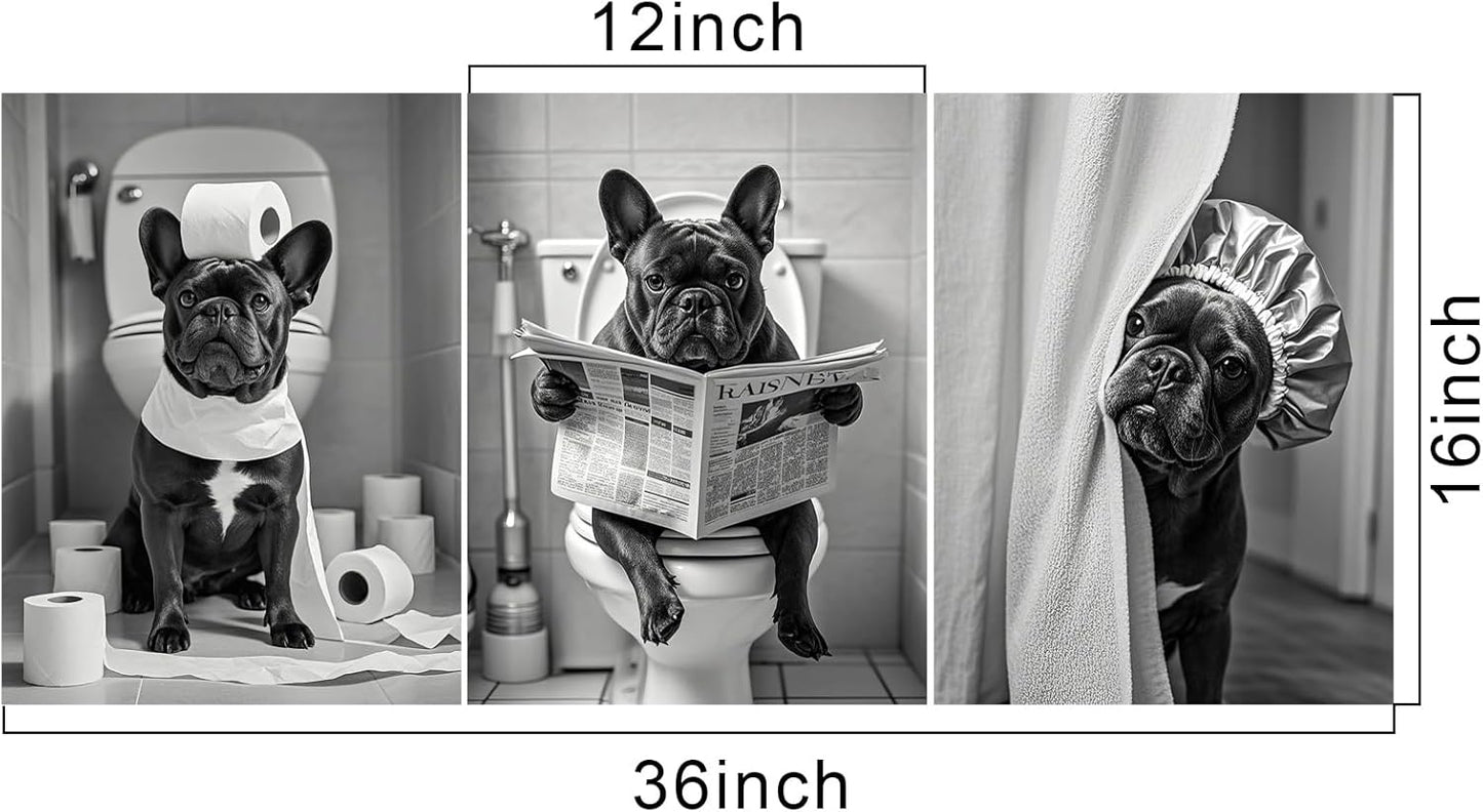 3Pcs Black and White Bathroom Wall Art French Bulldog Reading Newspaper Dog on Toilet Canvas Wall Decor Bathroom Pictures Prints Posters Artwork Toilet Restroom Wall Decorations 12x16 Inch Unframed
