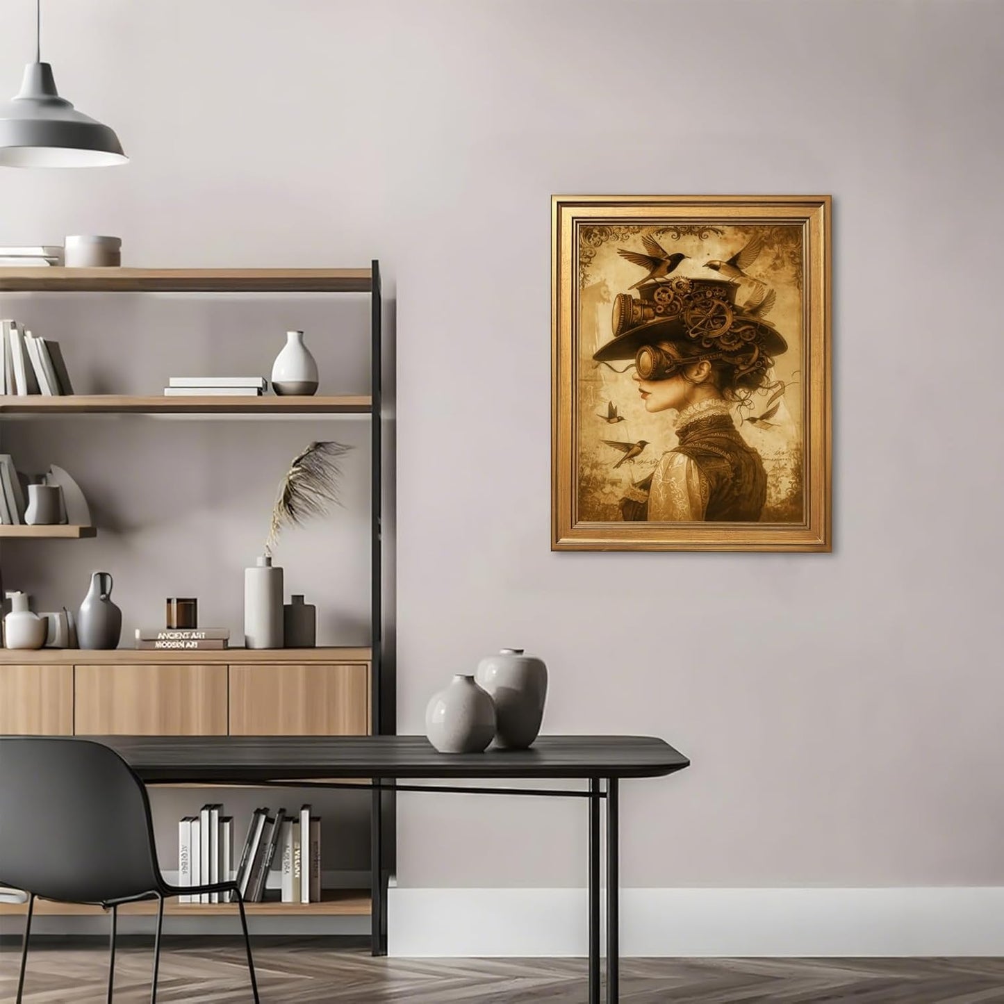 Licpach Gold Framed Dark Academia Wall Art Vintage Abstract Woman Hummingbird Poster Gothic Victorian Female Portrait Canvas Print Moody Mid-Century Aesthetic Artwork for Bedroom Dorm Decor 12x16inch