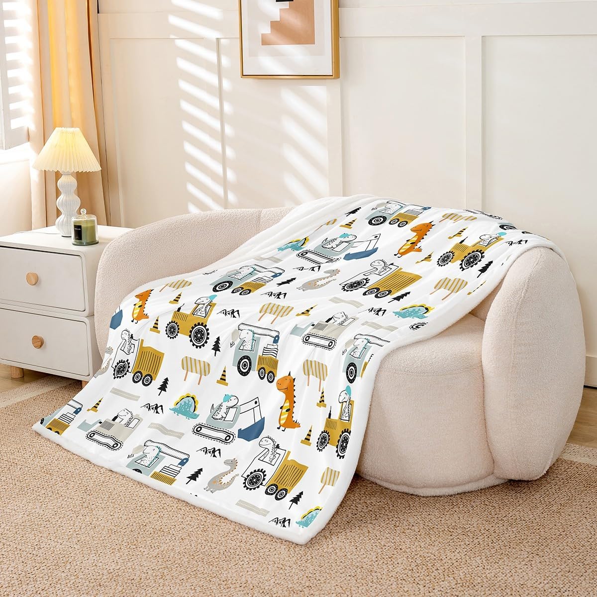 Construction Sherpa Twin 60"x80" Equipment Trucks Fleece Throw Blanket for Kids Boys Girls Decor Dinosaur Plush Blanket 3D Digital Print Yellow Fuzzy Bedroom