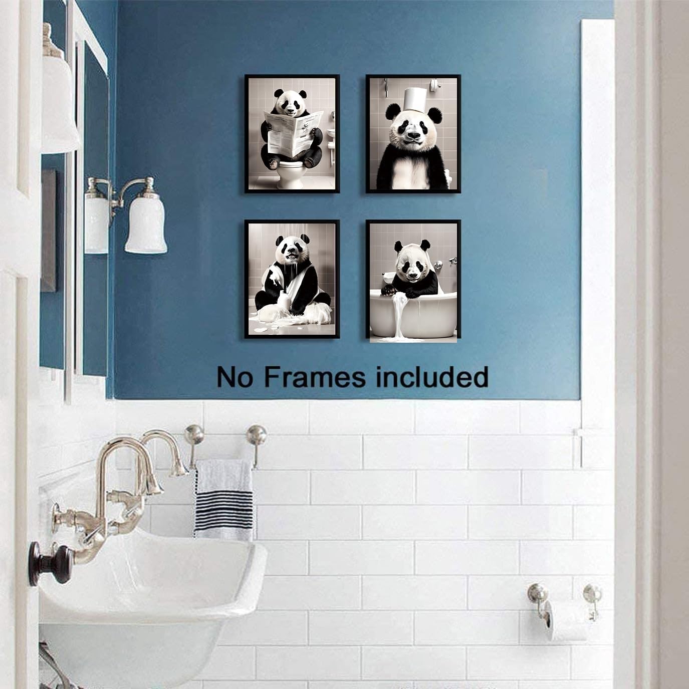 Kids Bathroom Decor Art Prints,Funny Panda Bathroom Wall Art Poster,Black and White Panda Aesthertic Poster,Vintage Animal Canvas Art Prints for Restroom,Farmhouse Wall Decor,4-Set (8"x10"Unframed)
