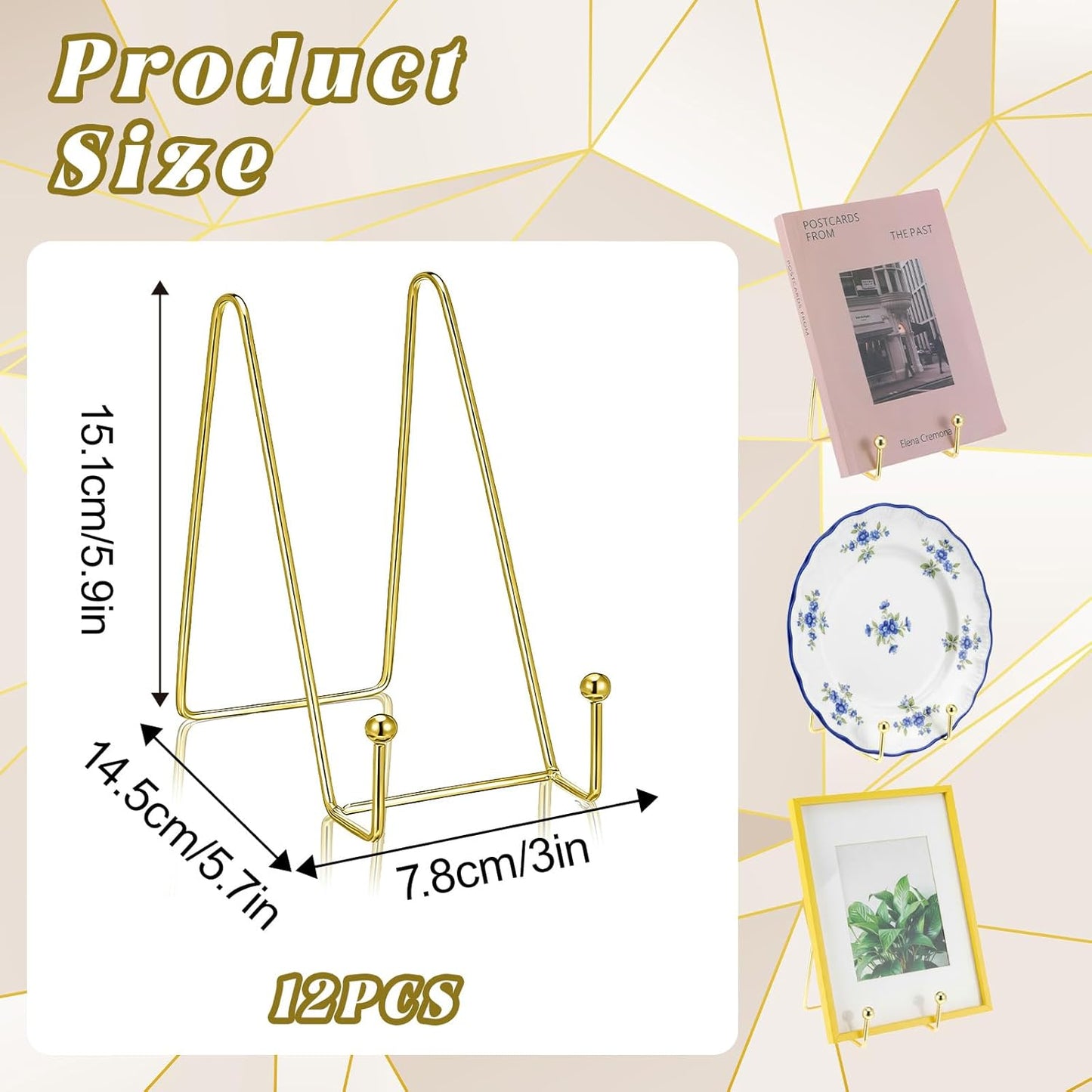 12 Pieces Gold Plate Stands for Display, Decorative Plate Holder Easel Display Stand Metal Book Displays Stand Metal Frame Holder for Picture Book Photo Easel Office Room Tabletop(6 Inch)
