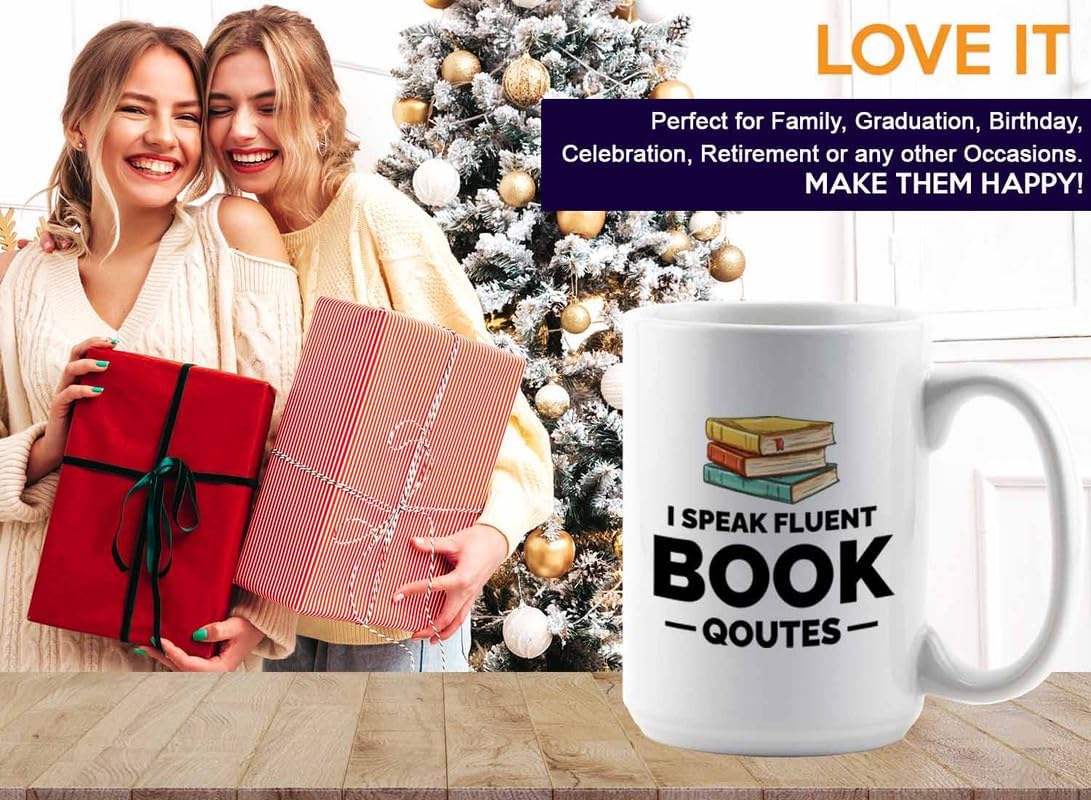 Book Lover Coffee Mug 15oz White - i speak fluent book - Gift For Poets Bookish People Bibliophile Librarian Book Club Reader