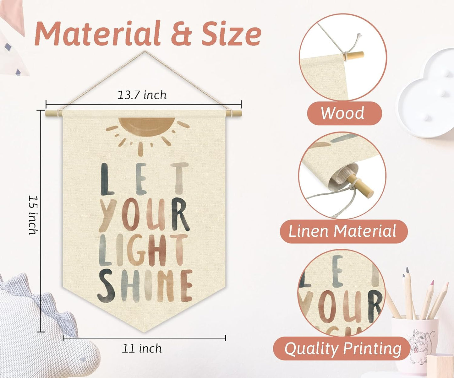 Inspirational Christian for Nursery Wall Decor,Let Your Light Shine for Kids Wall Art Canvas Banner,Boys Girls Room Wall Hanging Pennant Flag Canvas Banner for Classroom Playroom Bedroom 15x11in