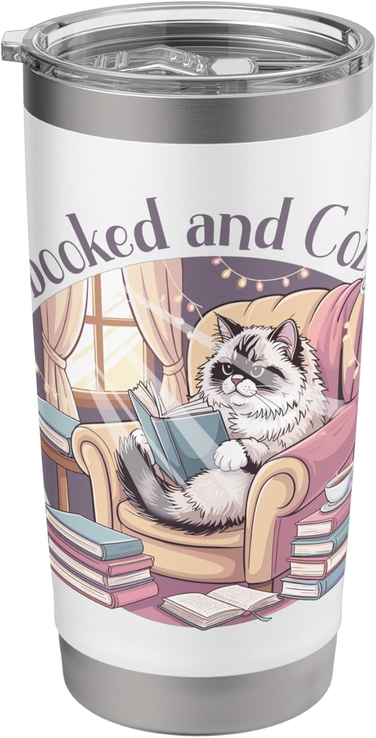 Booked and Cozy Cat Reading Bookworm Feline Reader Stainless Steel Insulated Tumbler