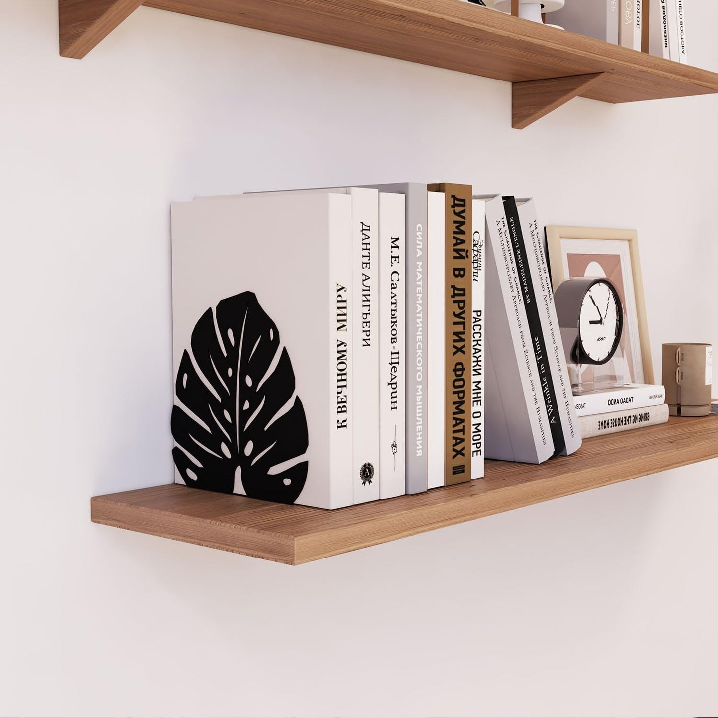 Decorative Bookends for Shelves, Sturdy Metal Book Ends for Heavy Books, Cute Monstera Design Non-Skid Book Stopper (2 Pairs, Black)