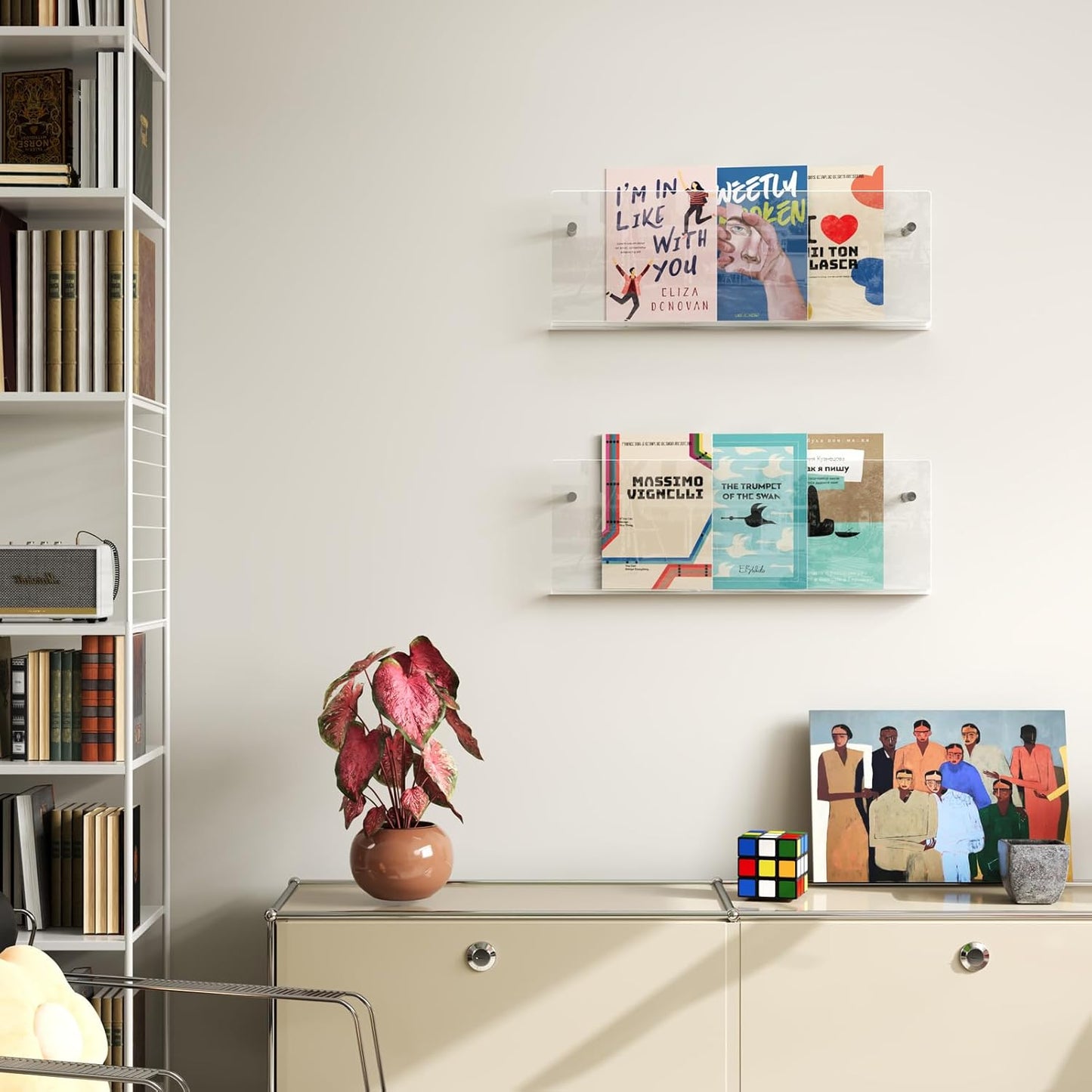 Acrylic Magazine Holder, 2 Pack Hanging Bookshelf Magazine Rack, Wall Mounted Floating Brochure Display for Waiting Room, Office, Home (Clear, 17 Inch)