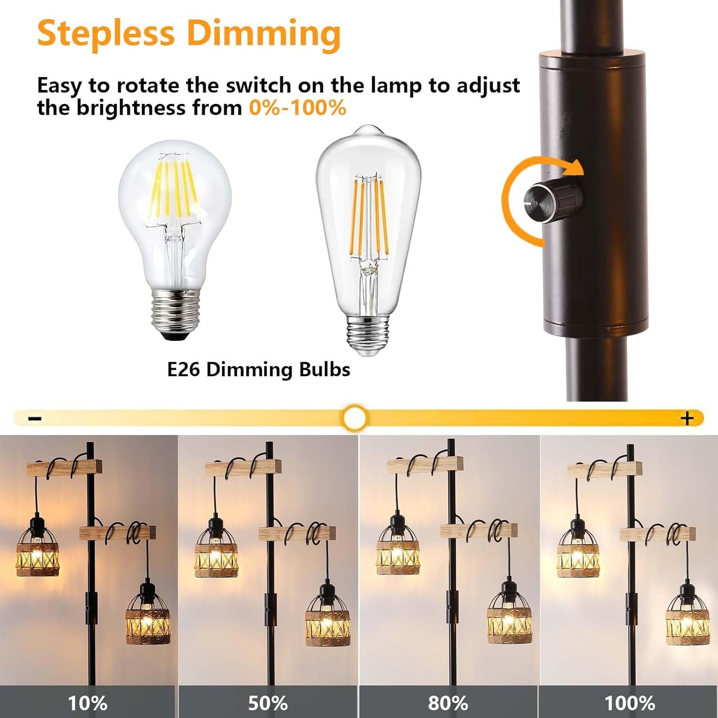 Dimmable Floor Lamp,Industrial Rustic Farmhouse Floor Lamp for Living Room Bedroom Office(Black)