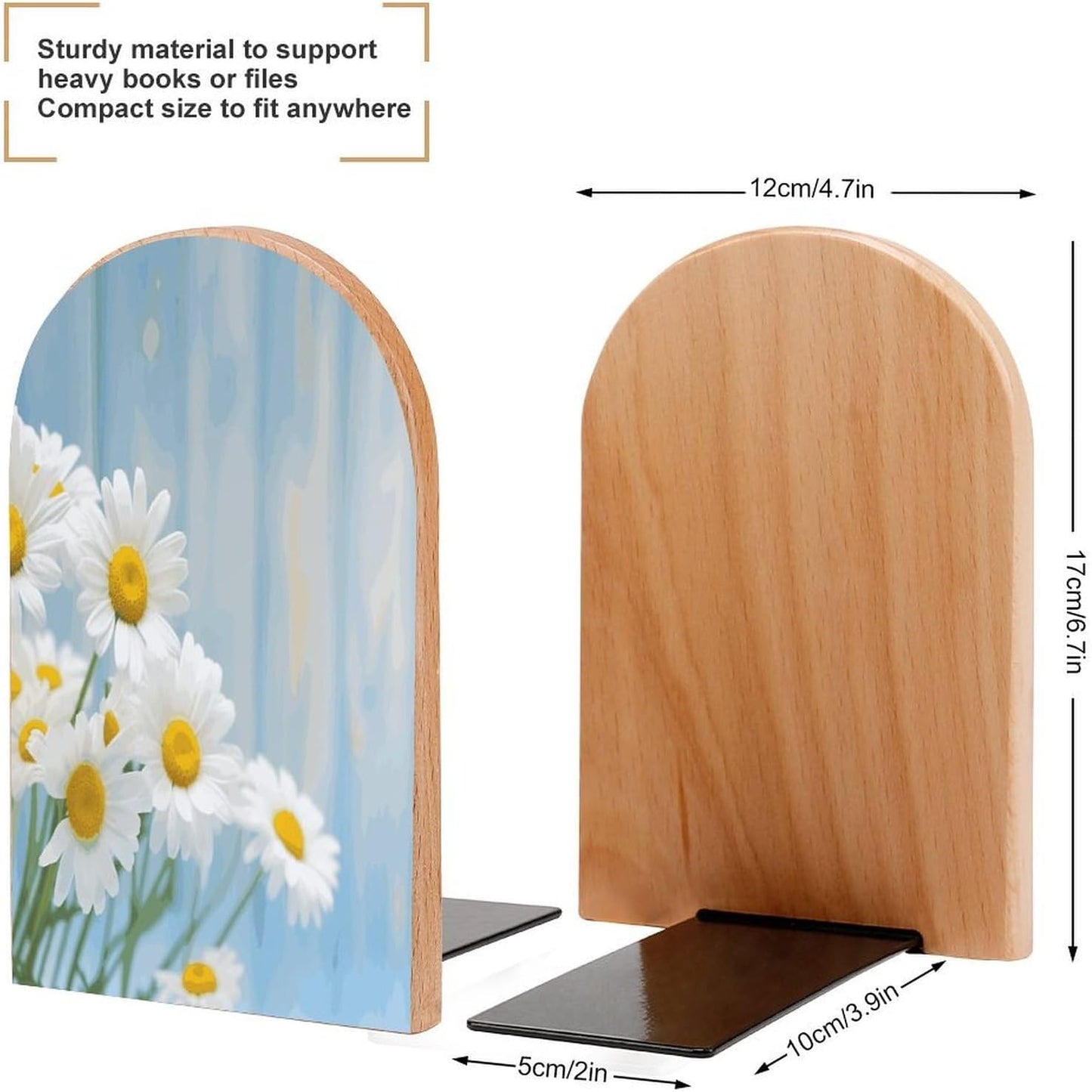 Non-Slip Bookend for Shelves Elegant Spring Daisy Flowers Wooden Bookends with Metal Base Decorative Book Stopper for Home Heavy Duty Wood Book Storage for Books/CDs