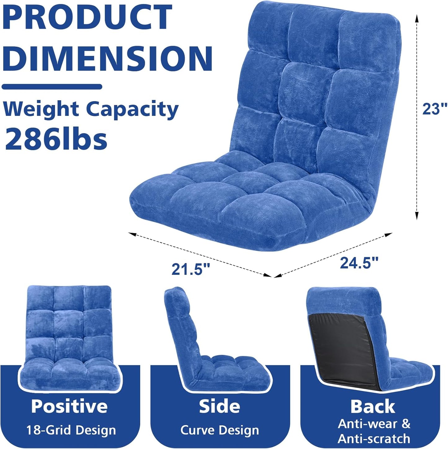 Floor Chair 14 Adjustable Positions w/Back Support, Padded Lazy Sofa w/Breathable Cotton & Skin-Friendly Coral Velve for Reading Meditating Gaming,Blue