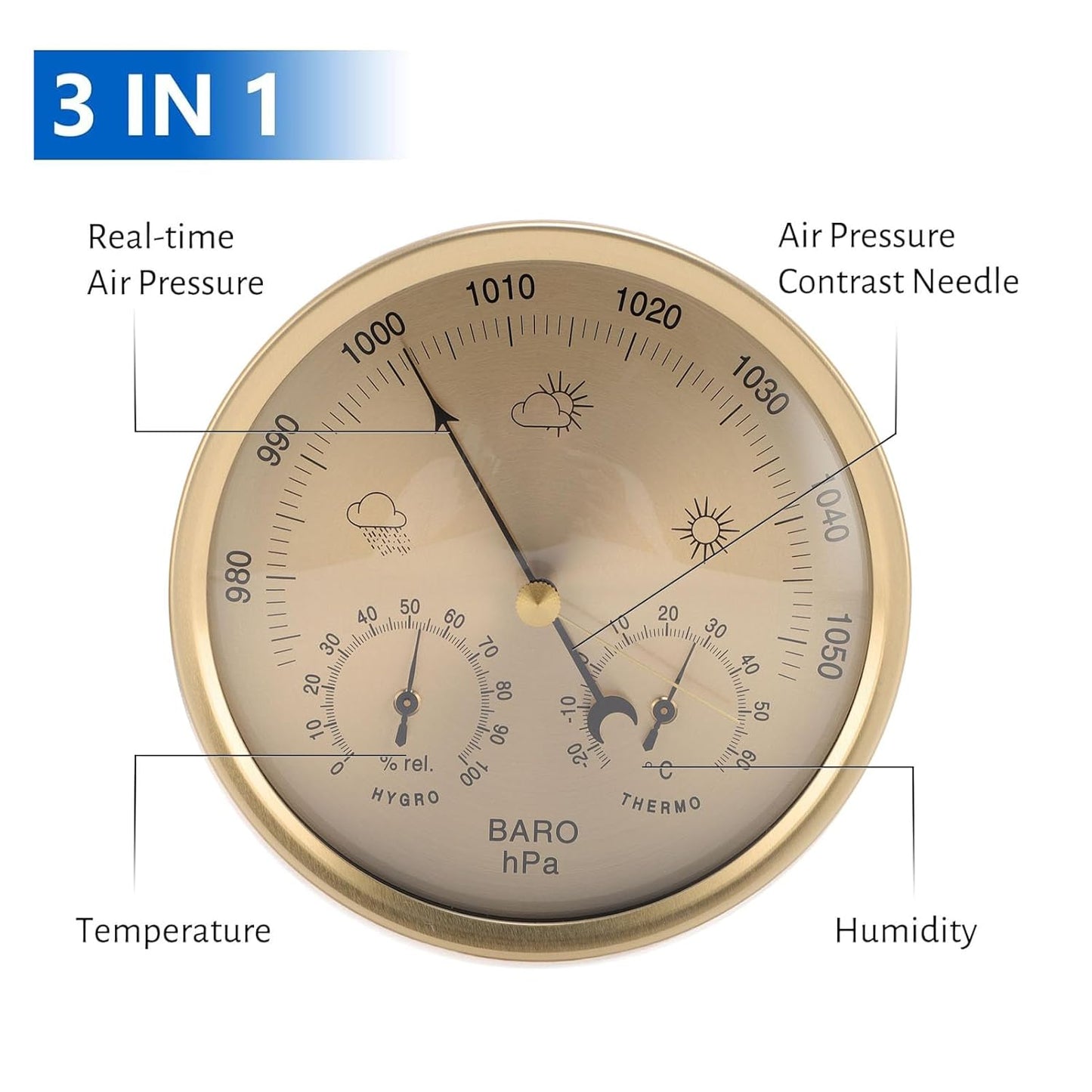 Wall Hanging 3 in 1 Barometer Weather Station, Thermometer, Barometer, Hygrometer, Accurate Weather Station for Home and Office, Indoor and Outdoor Use