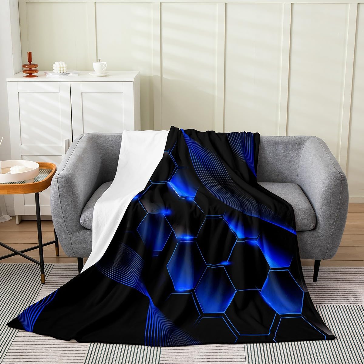Erosebridal Royal Blue Black Honeycomb Fleece Blanket Queen 90x90,Neon Lights Hexagon Throw Blanket for Teens Adult,Striped Curve Lines Fuzzy Blanket,Ombre Glowing Stripes Sherpa Blanket