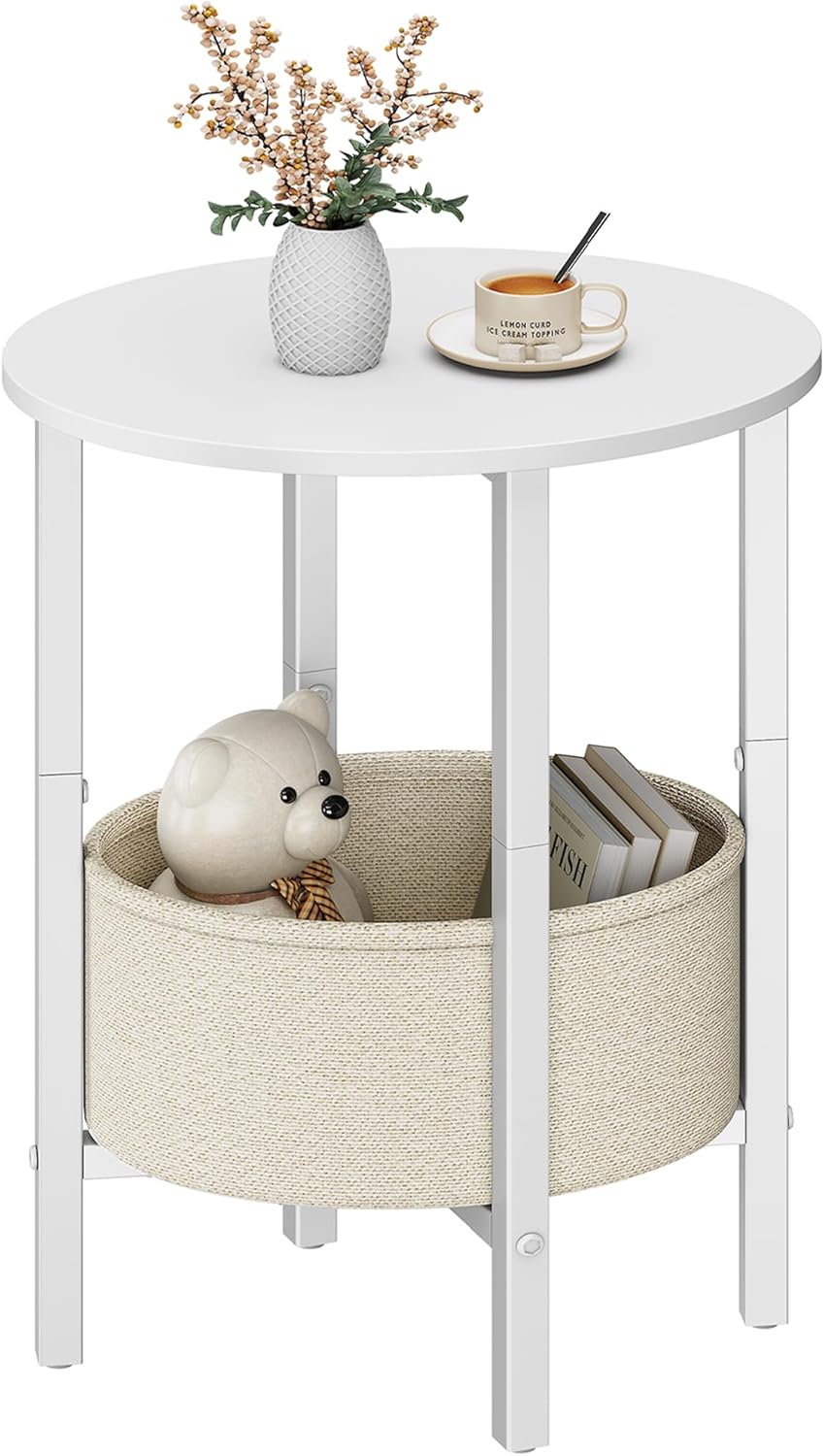 Vagusicc Round Side Table End Table with Storage Basket, Small Side Table Round Nightstand for Small Spaces, Tall Oval End Table with Steel Frame, Coffee Bedside Table for Living Room Bedroom, White
