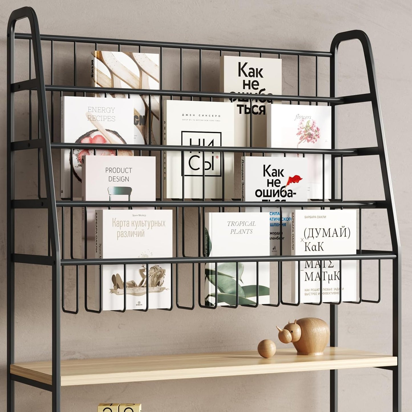 Bookshelf for Kids,Modern Magazine Rack Floor,Freestanding Bookcase for Books,Kids Picture Books,CD DVD & Vinyl Record Storage,Metal Display Shelf with Wooden Shelves(Black, L:31.5")