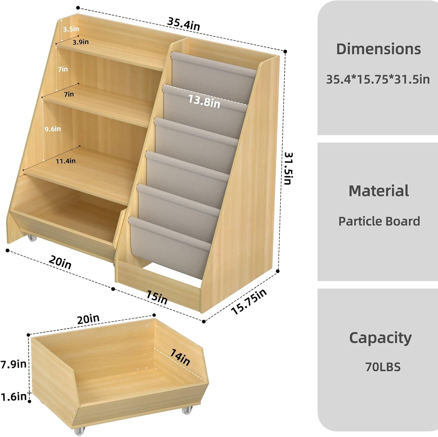 Kids Bookshelf and Toy Storage, 4 Tier Toddler Bookshelf with Movable Drawer, 5 Layer Sling Children Bookcase for Book Storage and Display