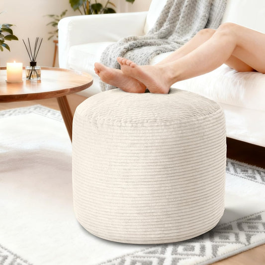 Pouf Ottoman Foot Rest, Comfortable & Soft, Round Footstool for Living Room, Bedroom, Office, Room Decoration, Corduroy Foot Stool Pouf with Odorless & Anti-Clump Filling, Large Beige