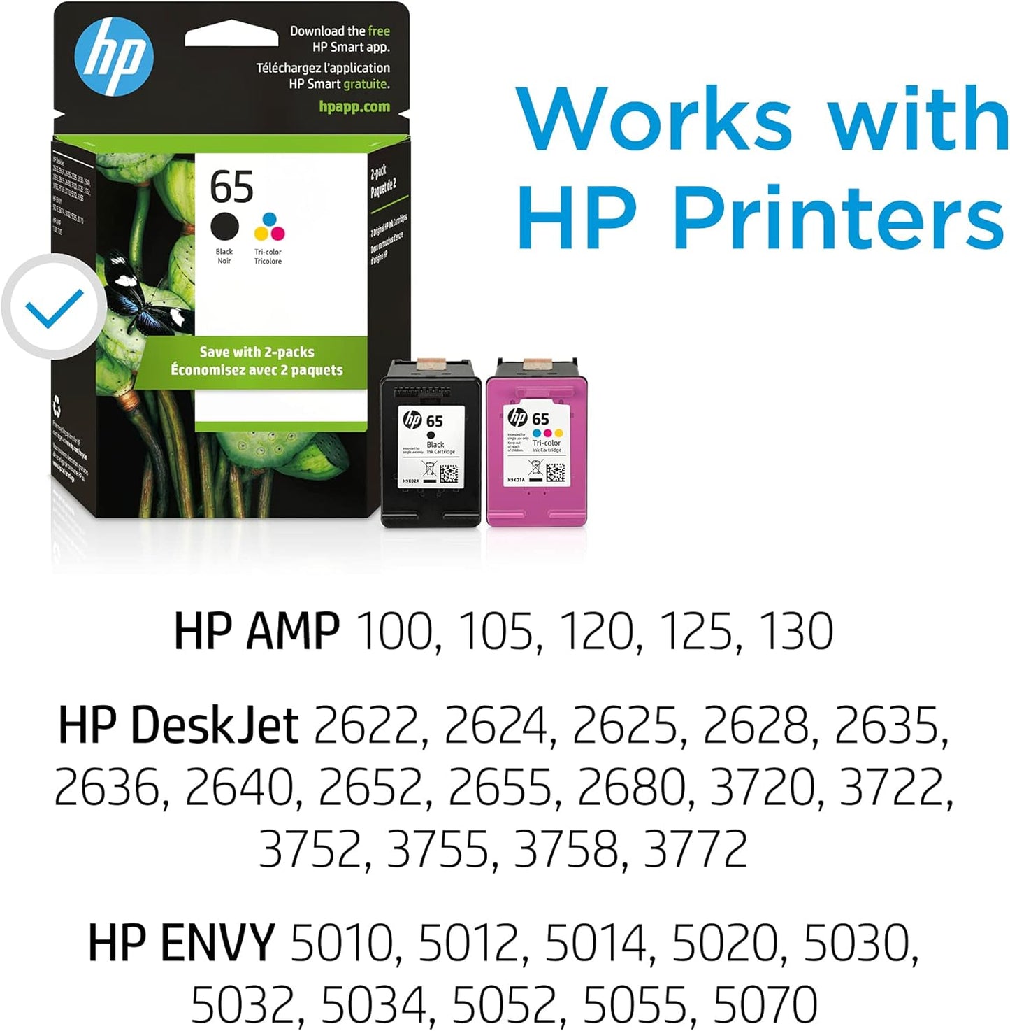 HP 65 Black/Tri-Color Ink Cartridges (2-Pack) | Works with AMP 100, DeskJet 2600, 3700, Envy 5000 | Eligible for Instant Ink | T0A36AN
