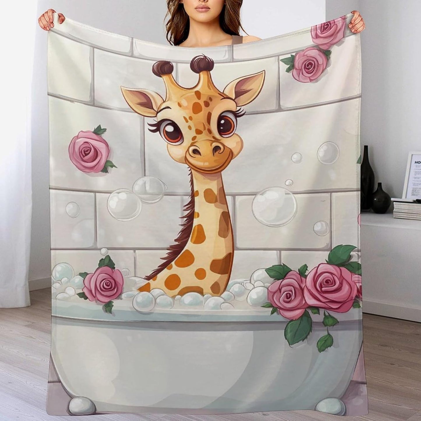 Funny Bathroom Giraffe Throw Blanket for Couch Bed Plush Cozy Fuzzy Flannel Blanket for All Season 40"x50"