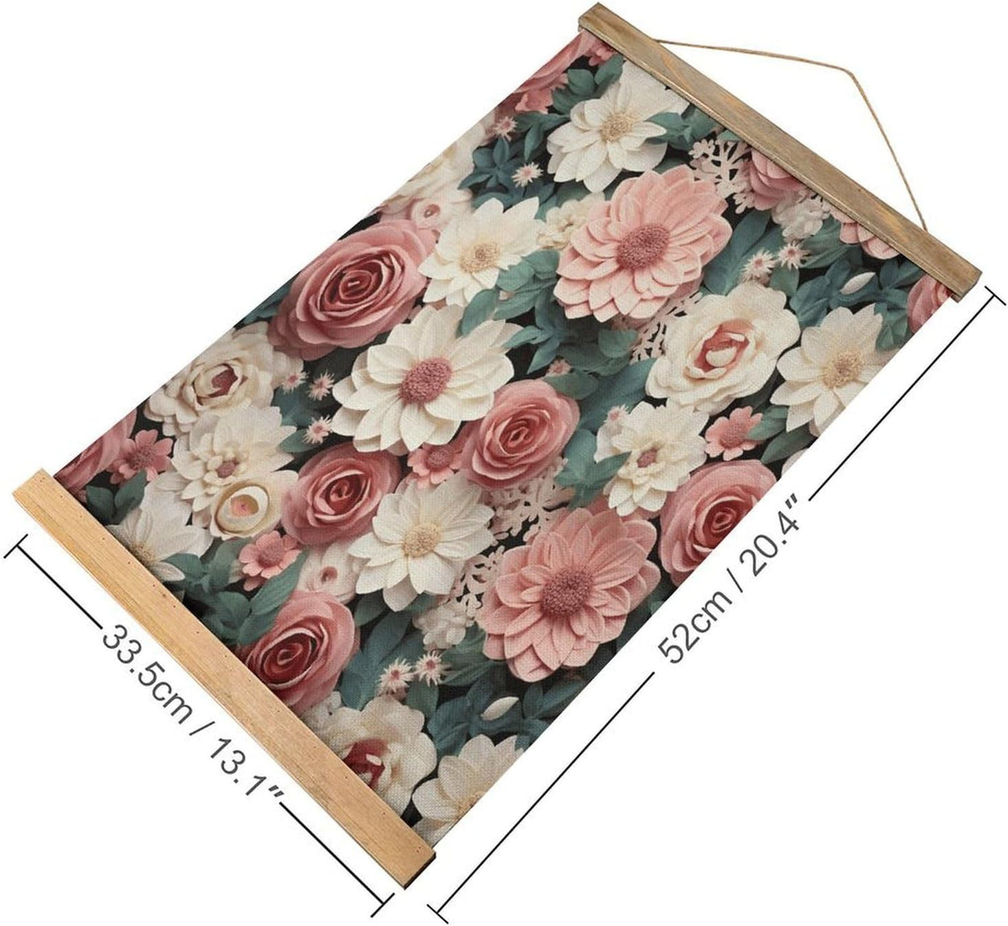 Vintage Flowers with Pink And Green Leaves Poster with Wooden Frame Personalized Linen Hanging Scroll Painting Rustic Wall Hanging Illustrative Modern Artwork Decor for Home Living Room Bedroom Office
