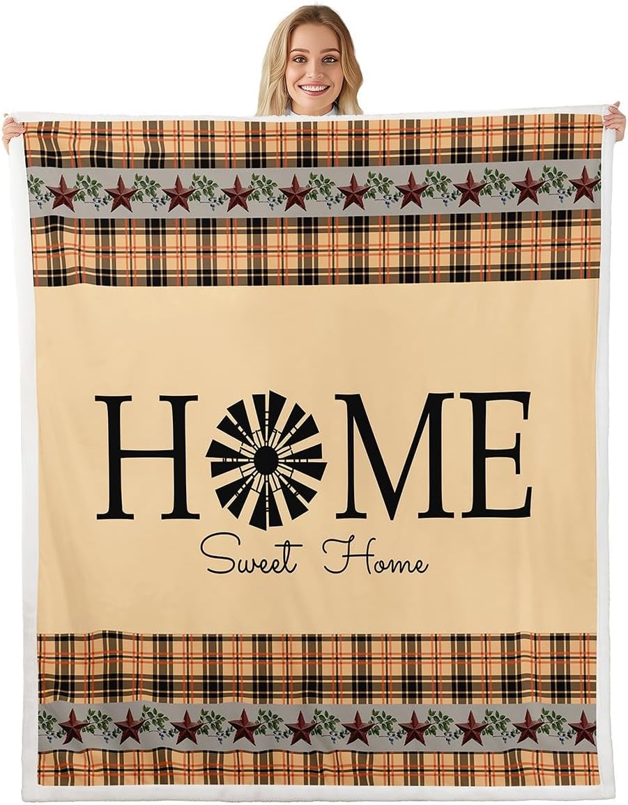 Erosebridal Primitive Country Farmhouse Throw Blanket, Windmill Decor Fleece Blanket Throw Size Tan Khaki Black Plaid Sherpa Blanket Western Vintage Fuzzy Blanket Rustic Farmhouse Bedroom Decor