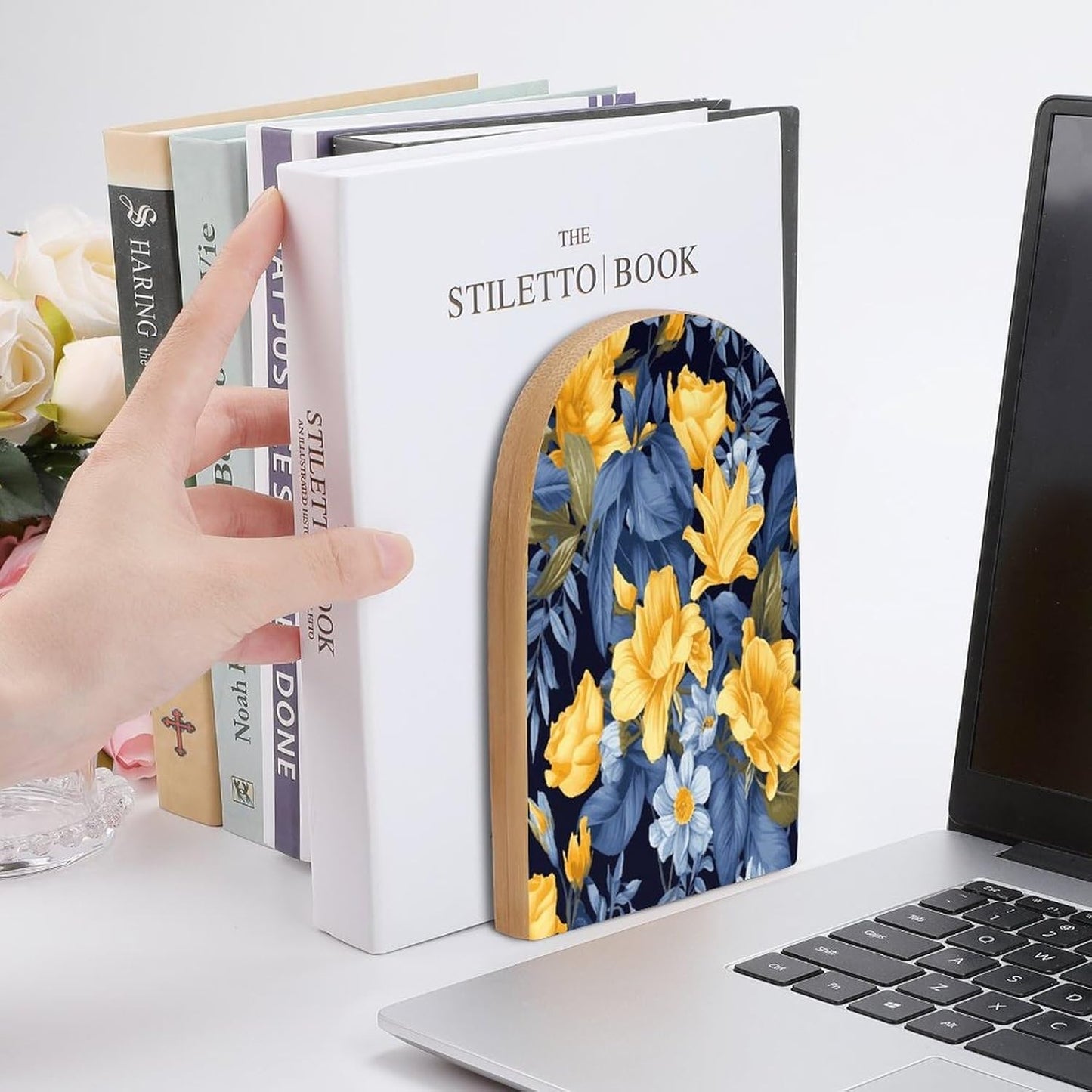 Blue Base Yellow Floral Bookend for Shelves Wooden Book End Large Size Sturdy Book Holders Stoppers with Metal Base for Bookshelves Slick Decorative Bookends Stands