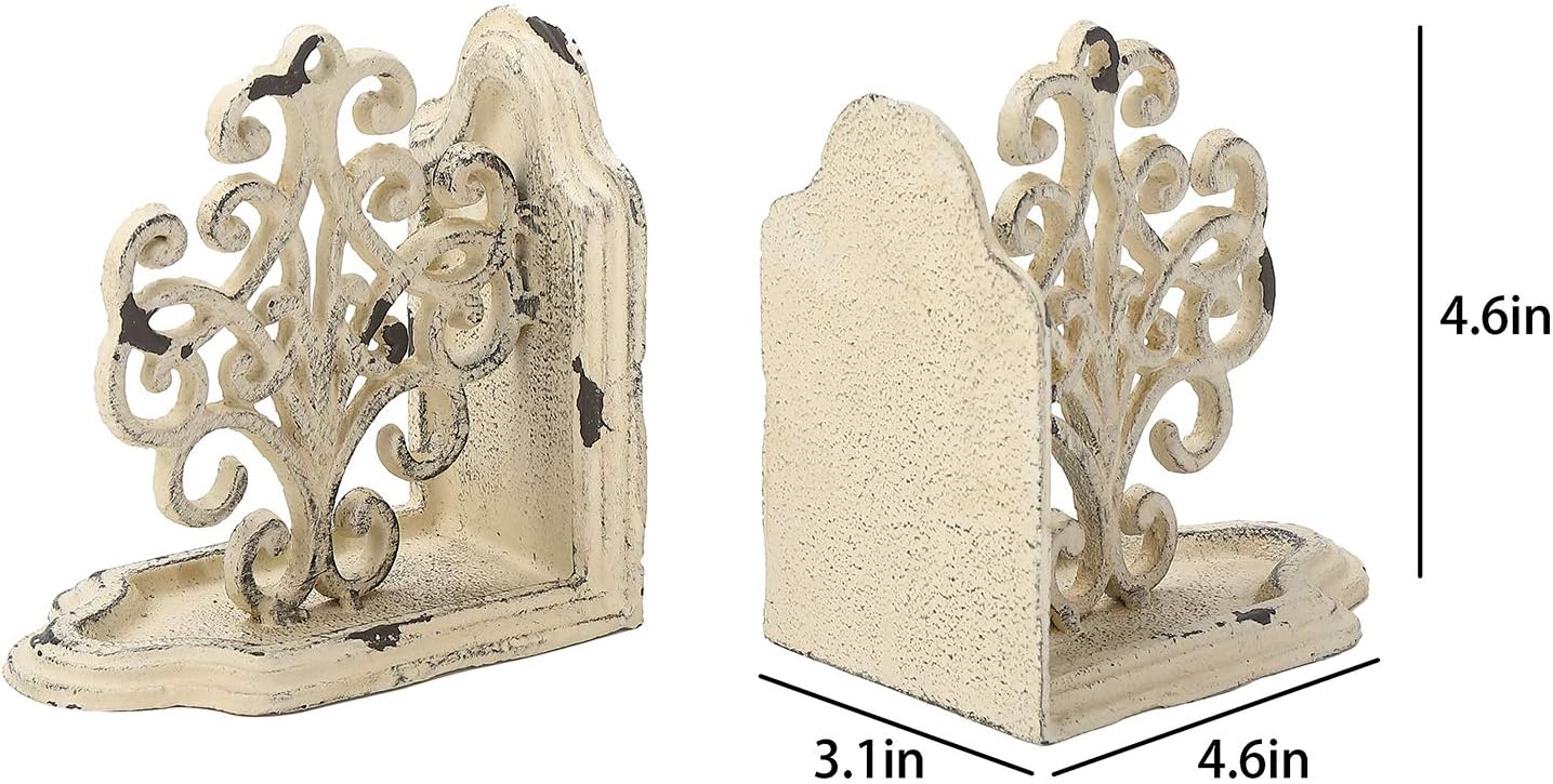 Heavy Duty Book Ends Set of 2, Medallions Decorative Bookends, Cast Iron Book Ends for Shelves, Shabby Chic White.