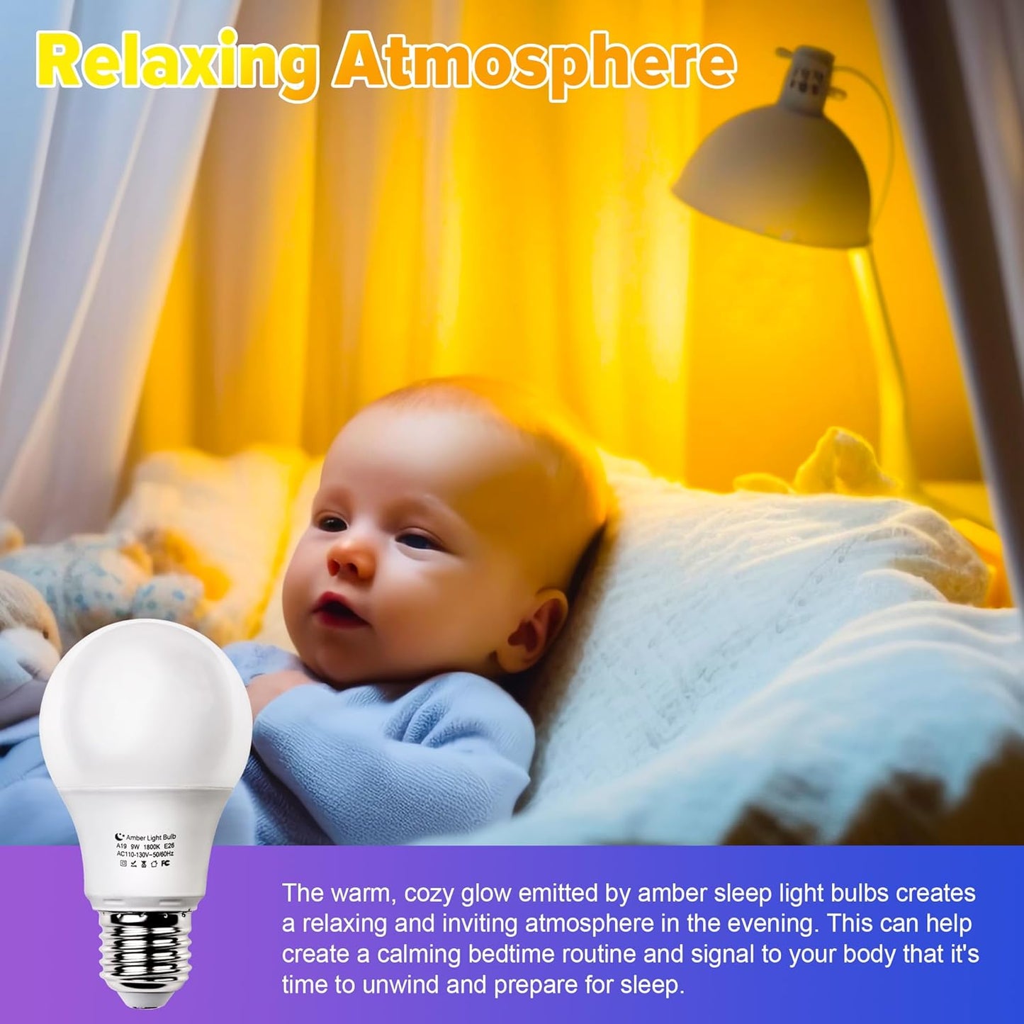 Amber Sleep Light Bulbs, Blue Light Blocking, A19 9W(60 Watt Equivalent) Dim Light Bulbs for Lamp, 1800K Warm Light Bulb, E26 for Healthy Sleep Bedroom Kids Room, 4.30X2.35X2.35 Inch, 2 Pack